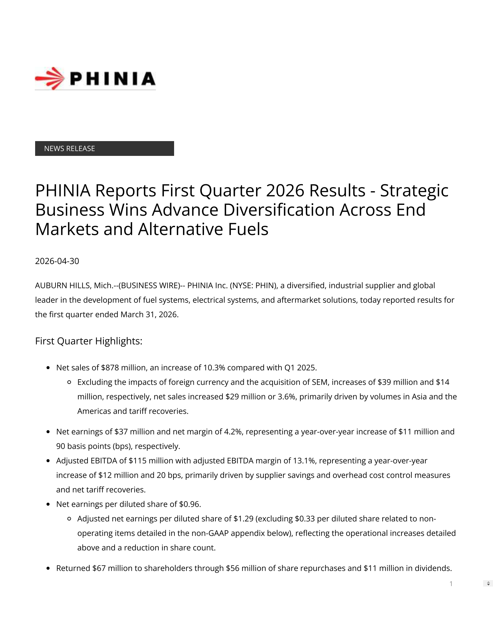 PHINIA's Q1 2026 Press Release