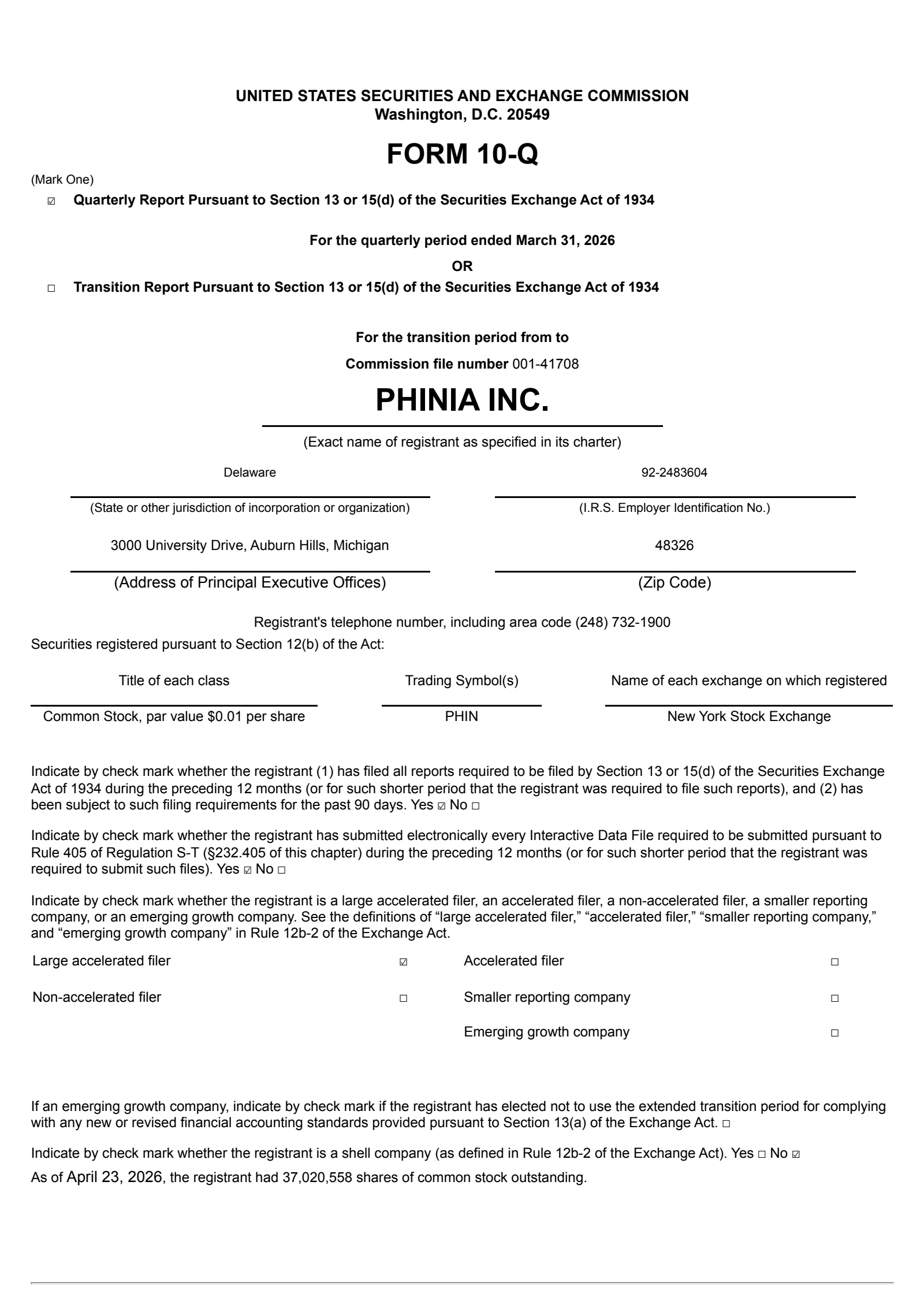 PHINIA's Q1 2026 Quarterly report