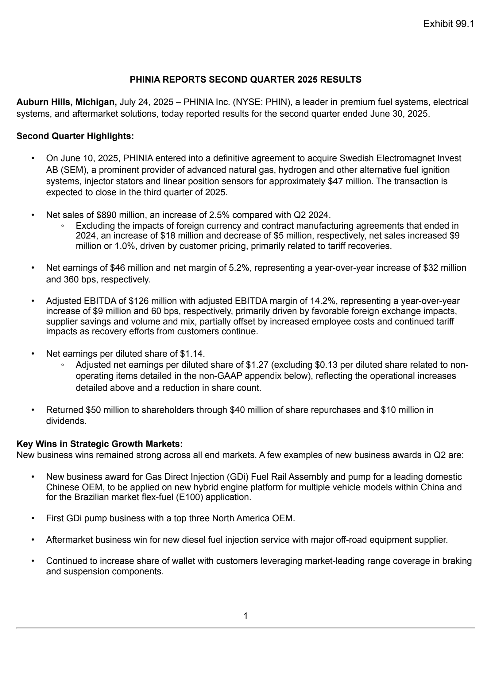 PHINIA's Q2 2025 Press Release