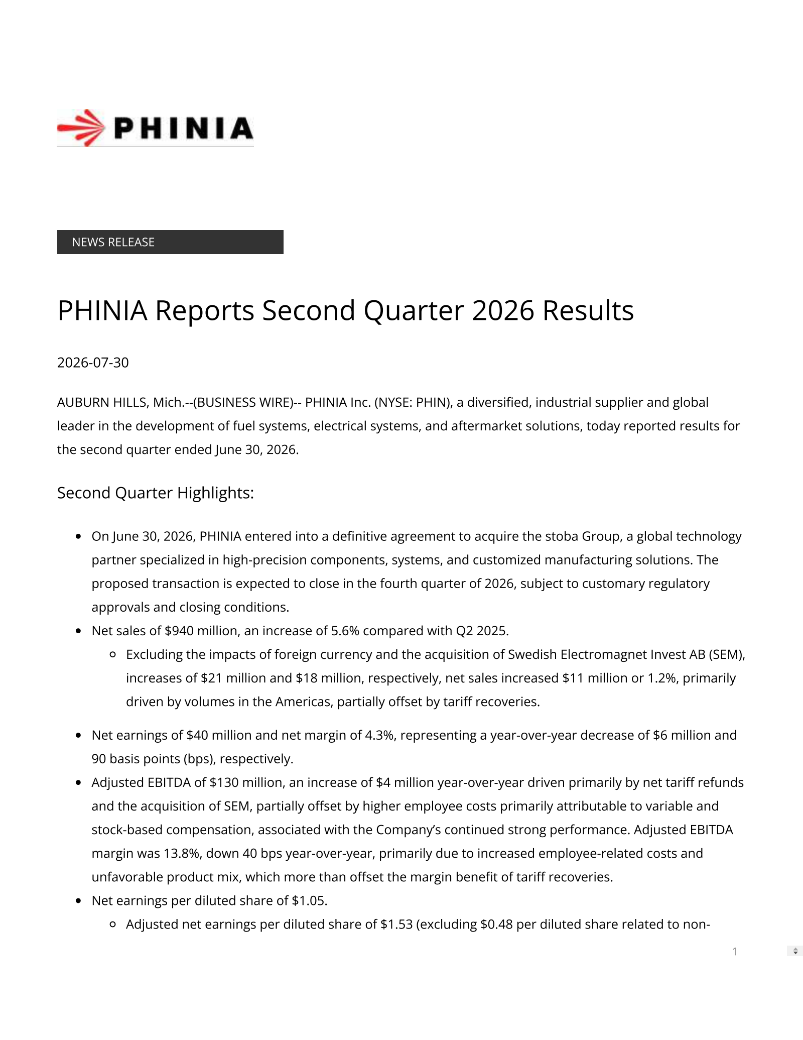 PHINIA's Q2 2026 Press Release
