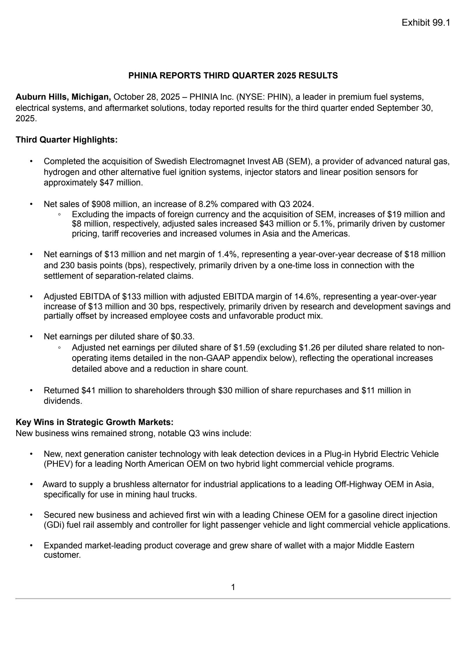 PHINIA's Q3 2025 Earnings Release