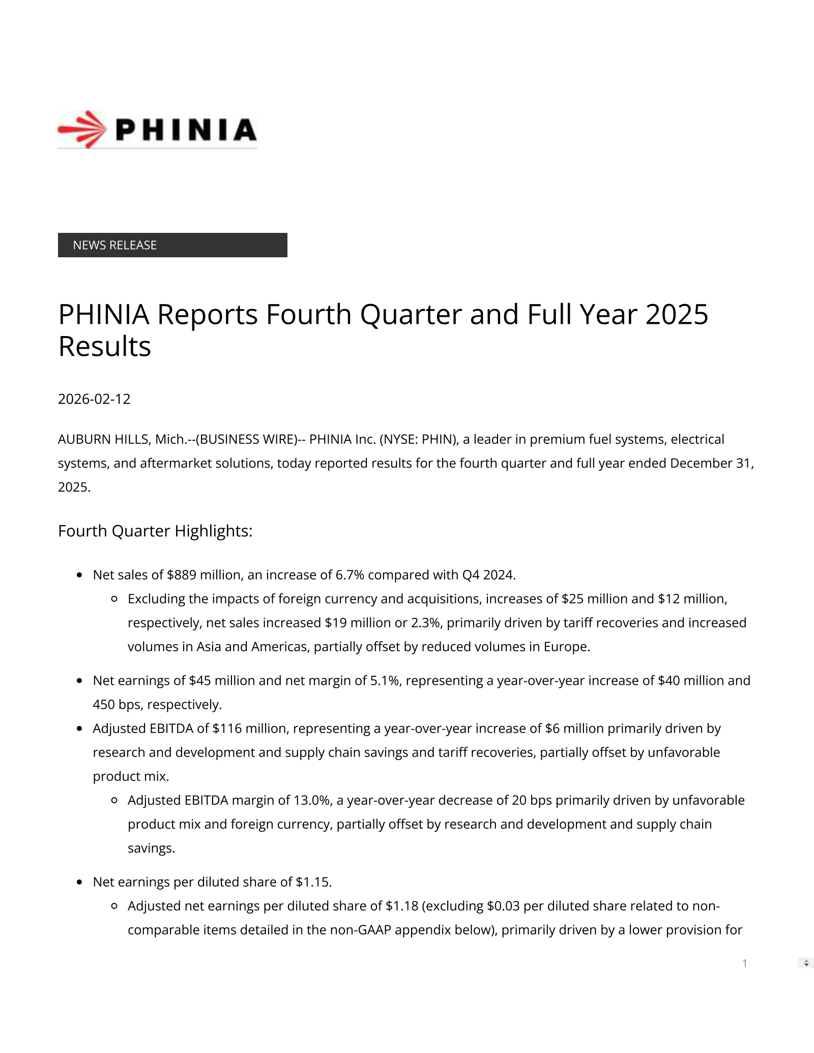 PHINIA's Q4 2025 Press Release