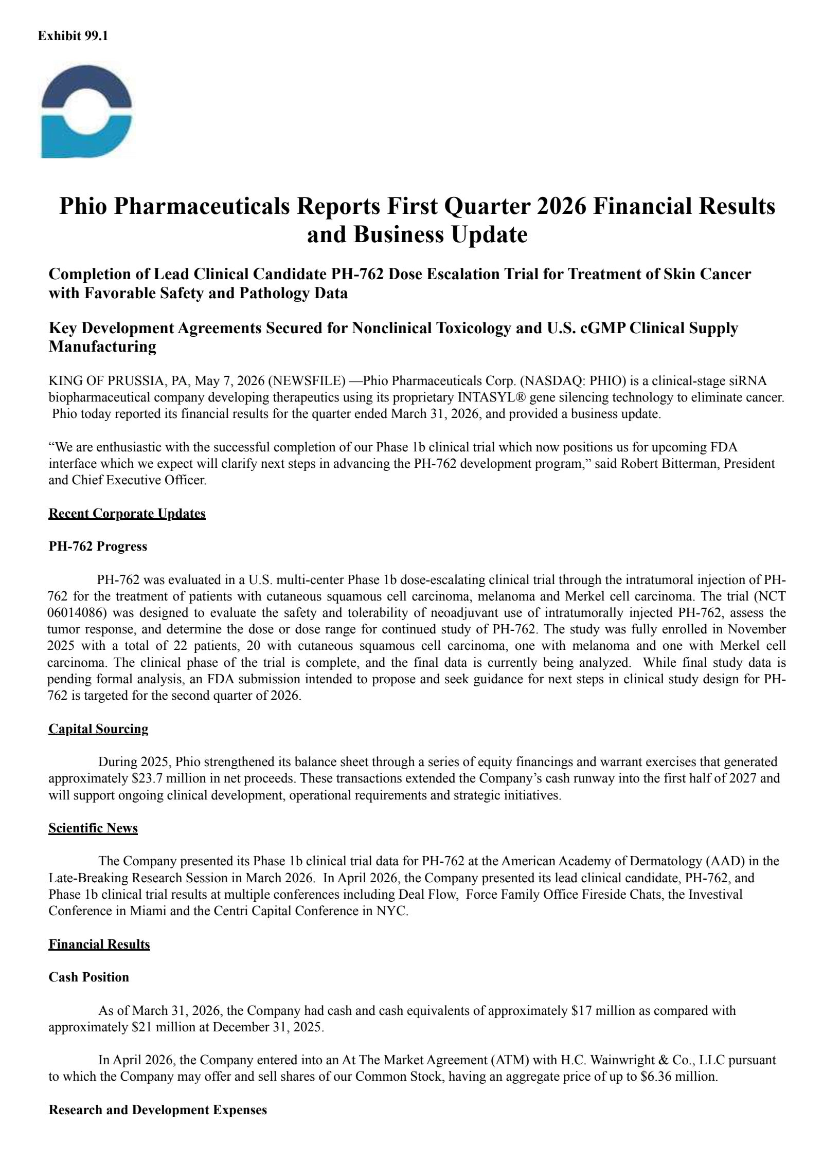 Phio Pharmaceuticals' Q1 2026 Press Release