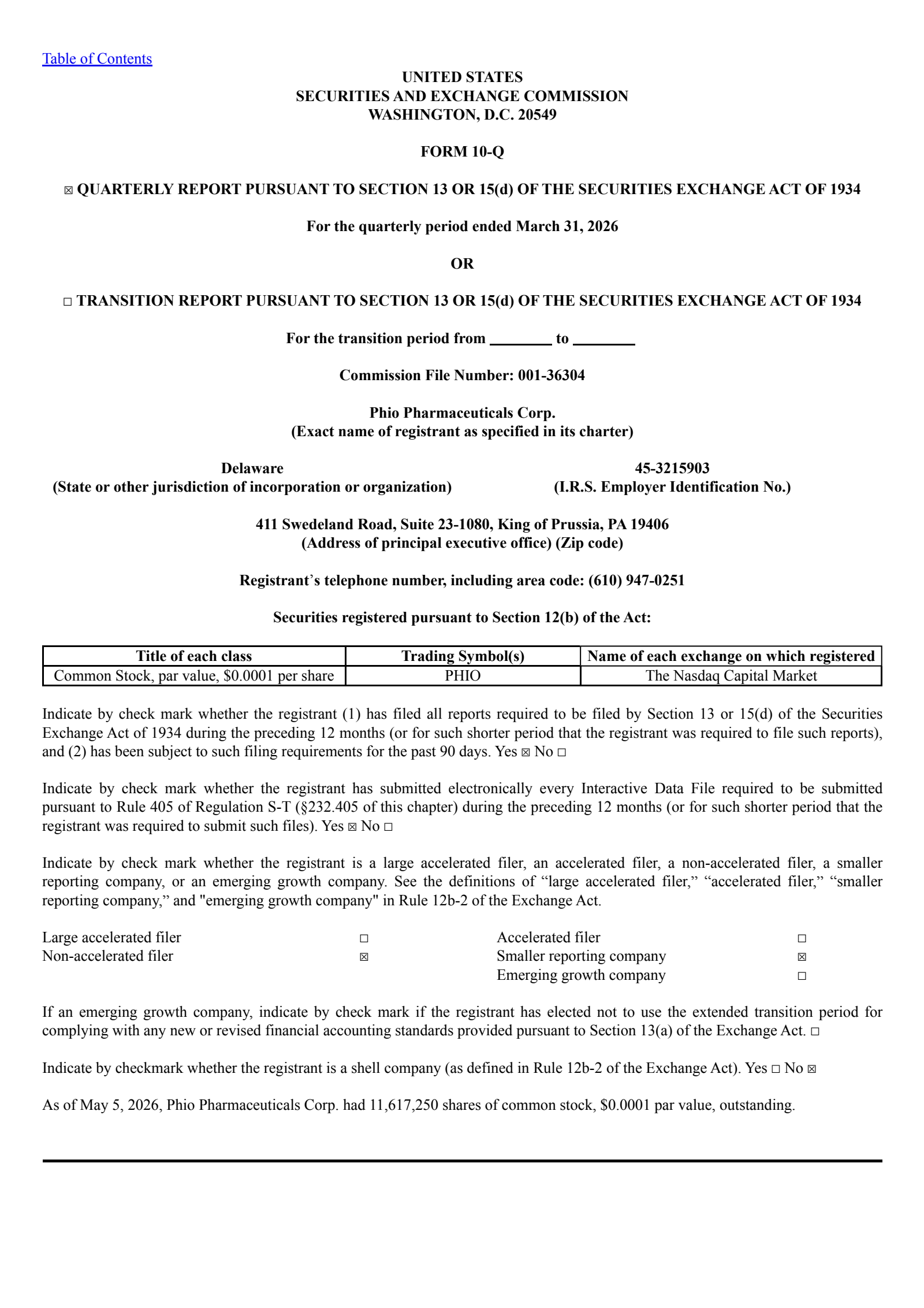 Phio Pharmaceuticals' Q1 2026 Quarterly report