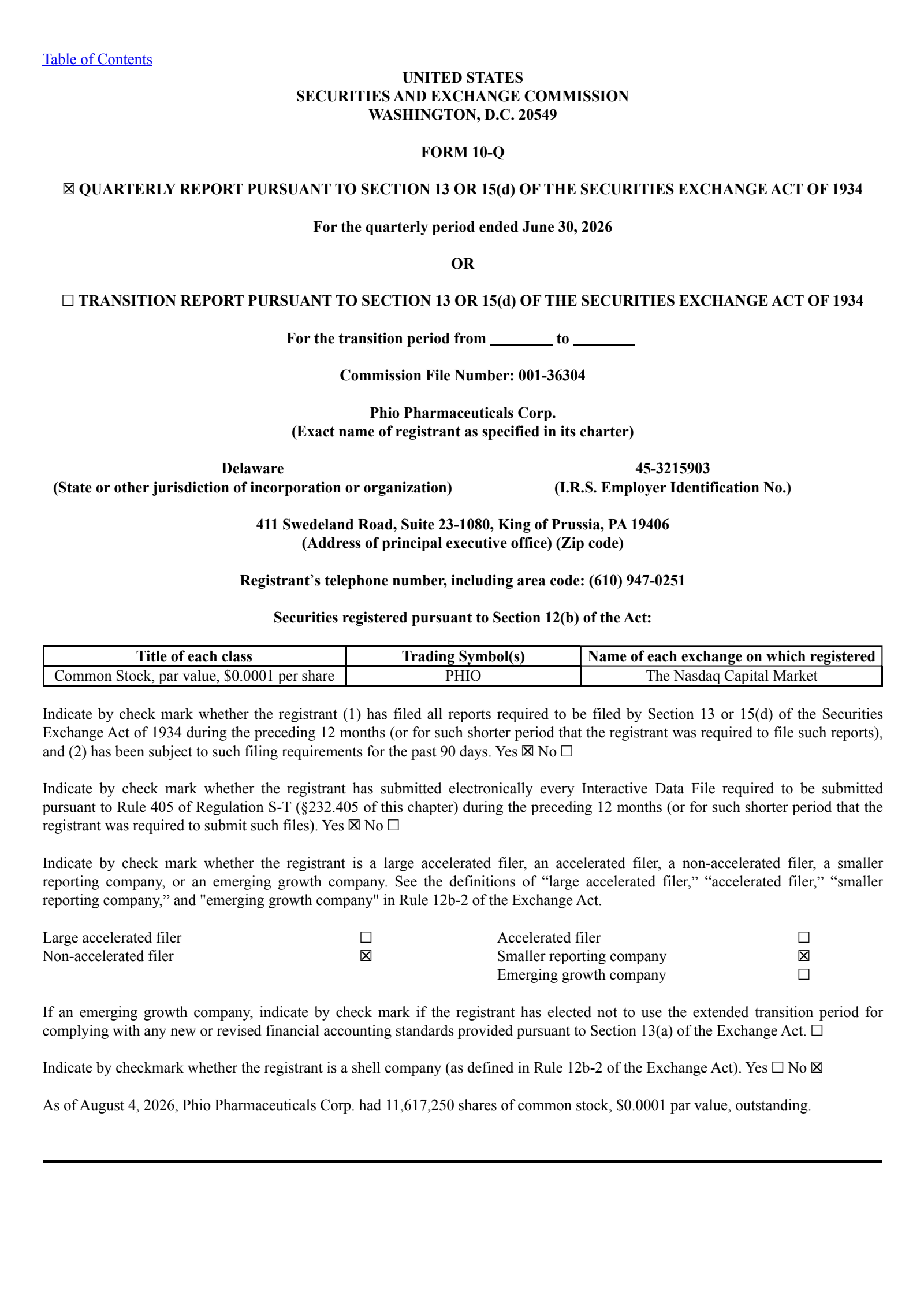 Phio Pharmaceuticals' Q2 2026 Quarterly report