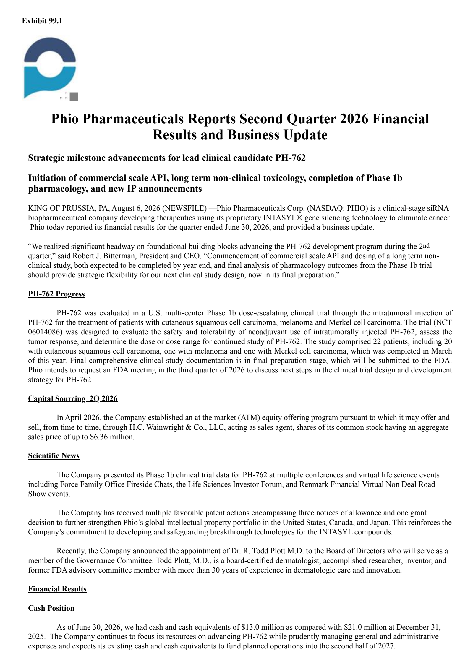 Phio Pharmaceuticals' Q2 2026 Press Release