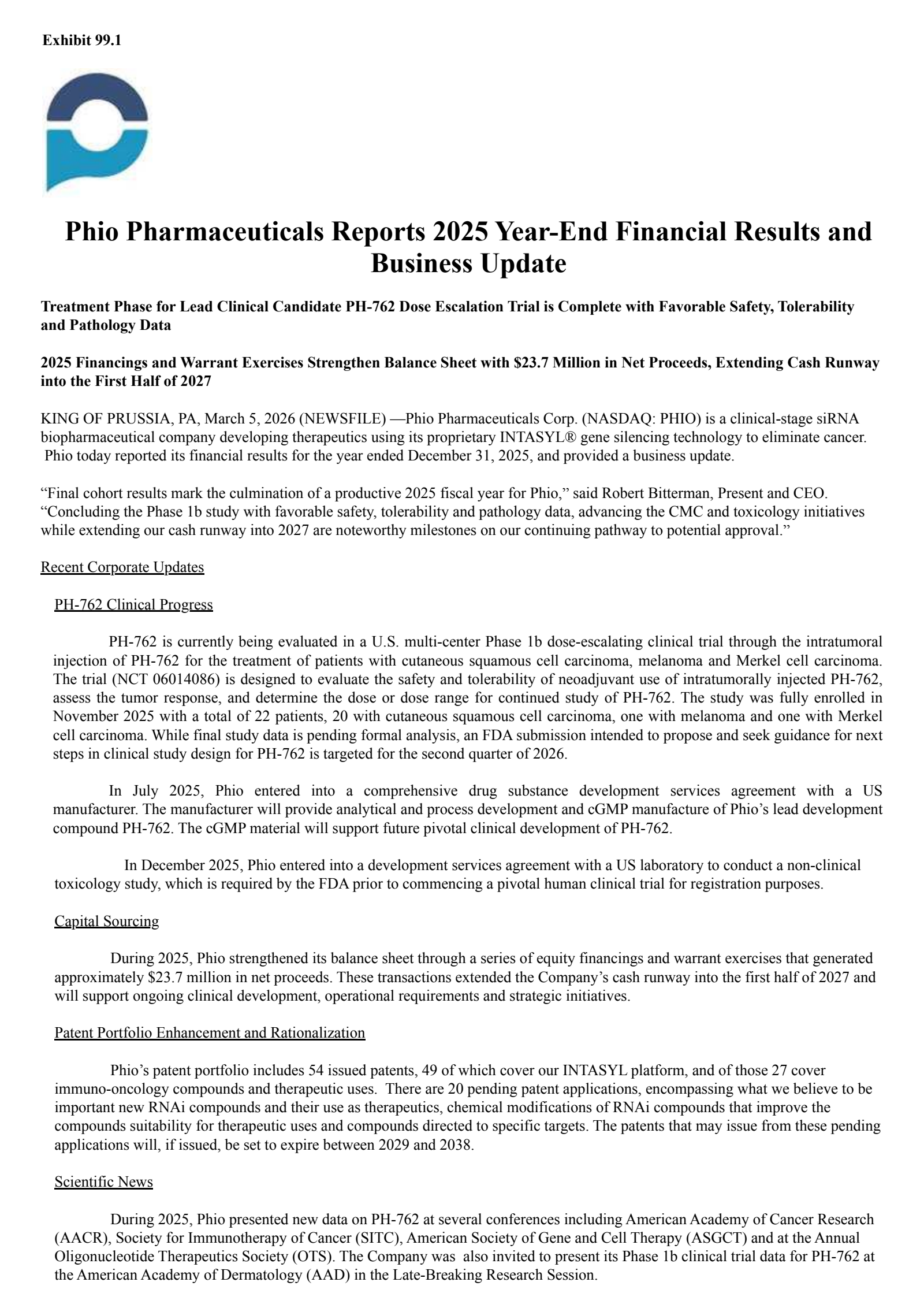 Phio Pharmaceuticals' Q4 2025 Press Release