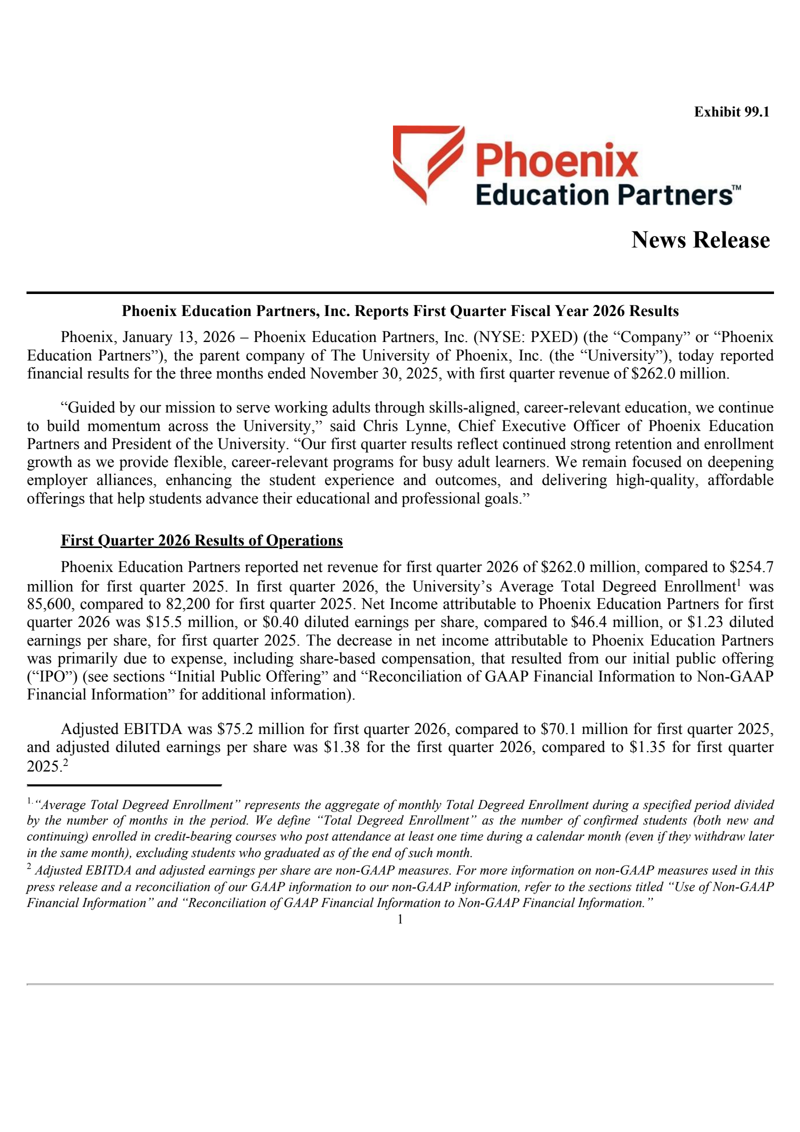 Phoenix Education Partners' Q1 2026 Press Release