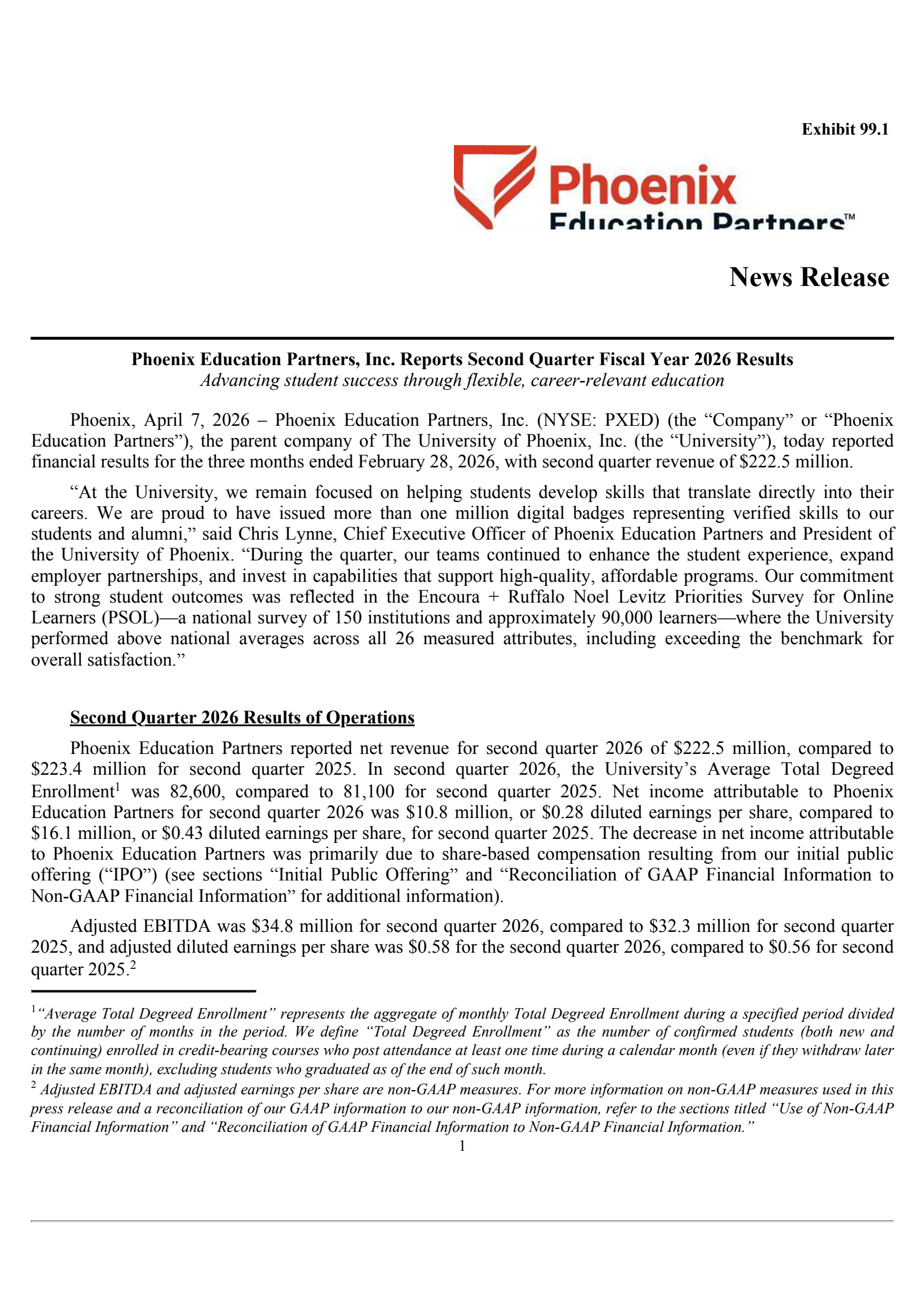 Phoenix Education Partners' Q2 2026 Press Release