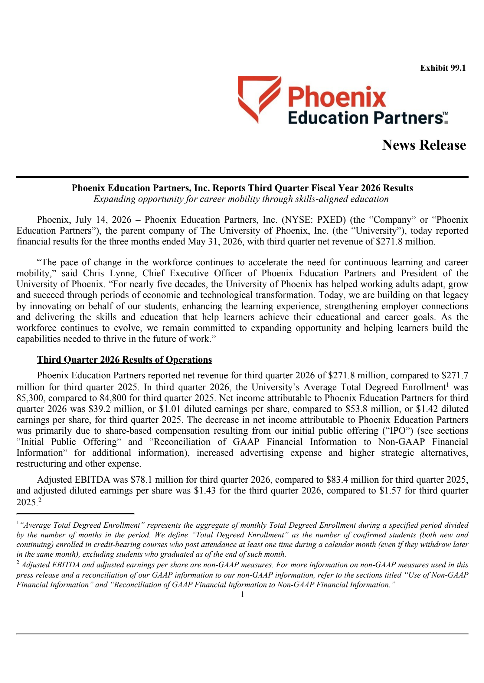 Phoenix Education Partners' Q3 2026 Press Release