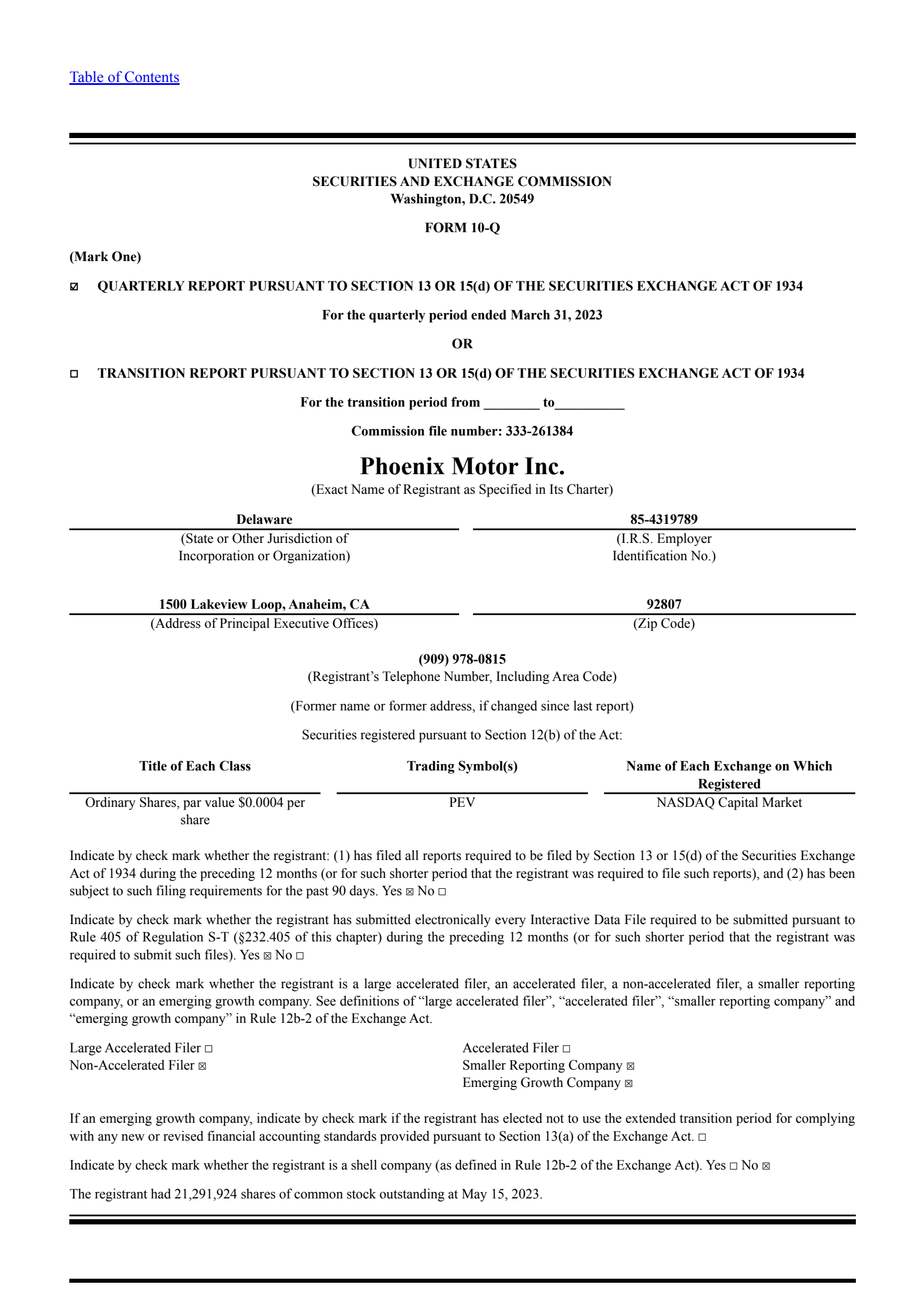 Phoenix Motor's Q1 2023 Quarterly report