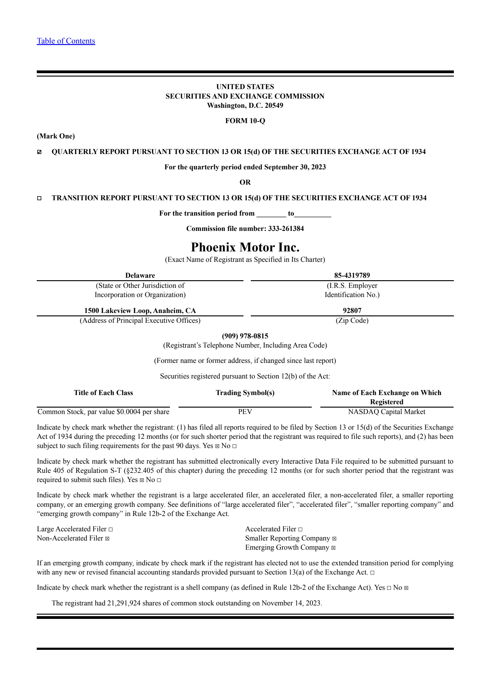 Phoenix Motor's Q3 2023 Quarterly report