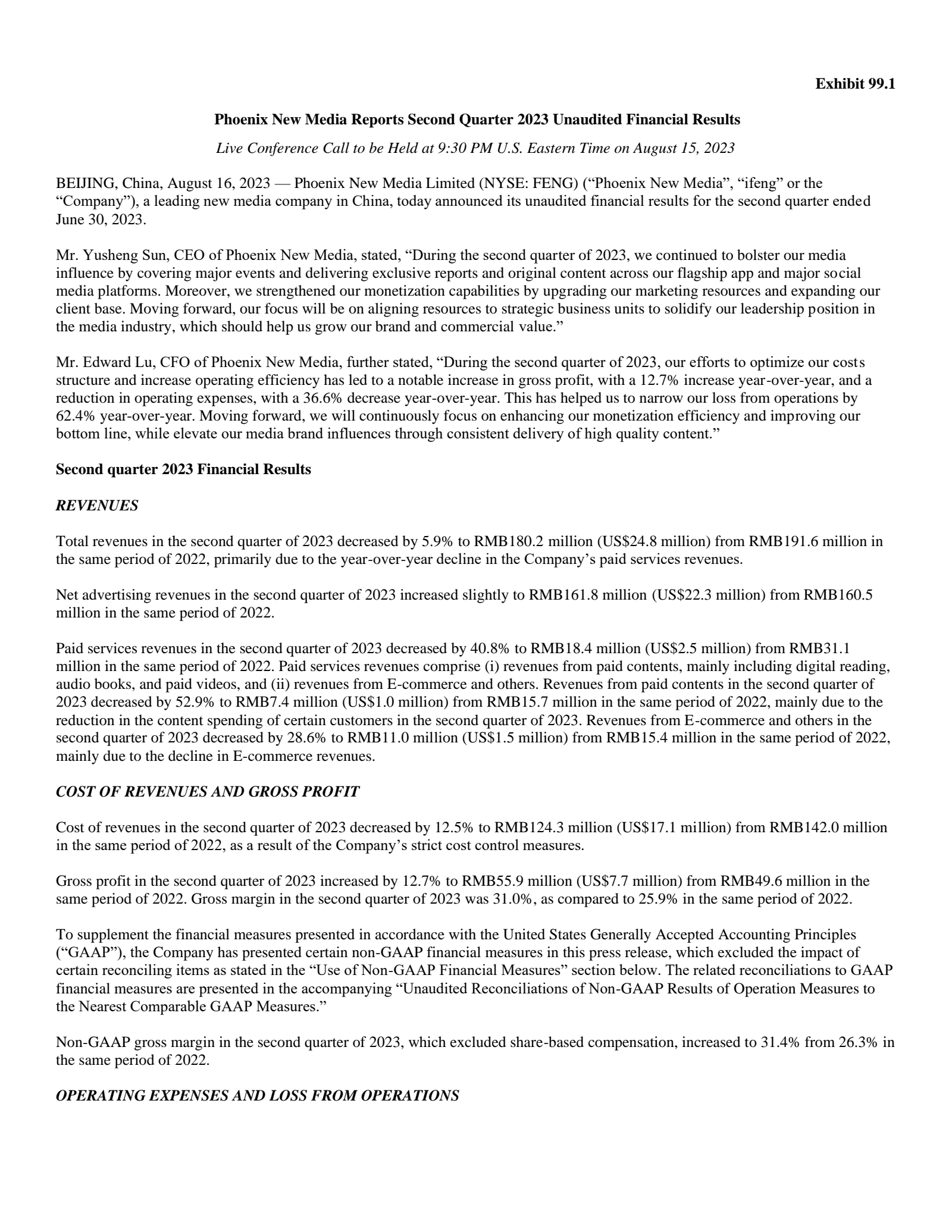 Phoenix New Media's Q2 2023 Press Release