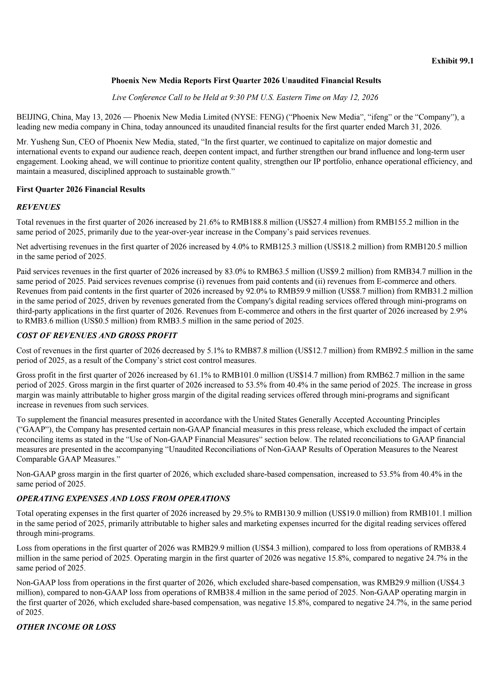 Phoenix New Media's Q1 2026 Press Release