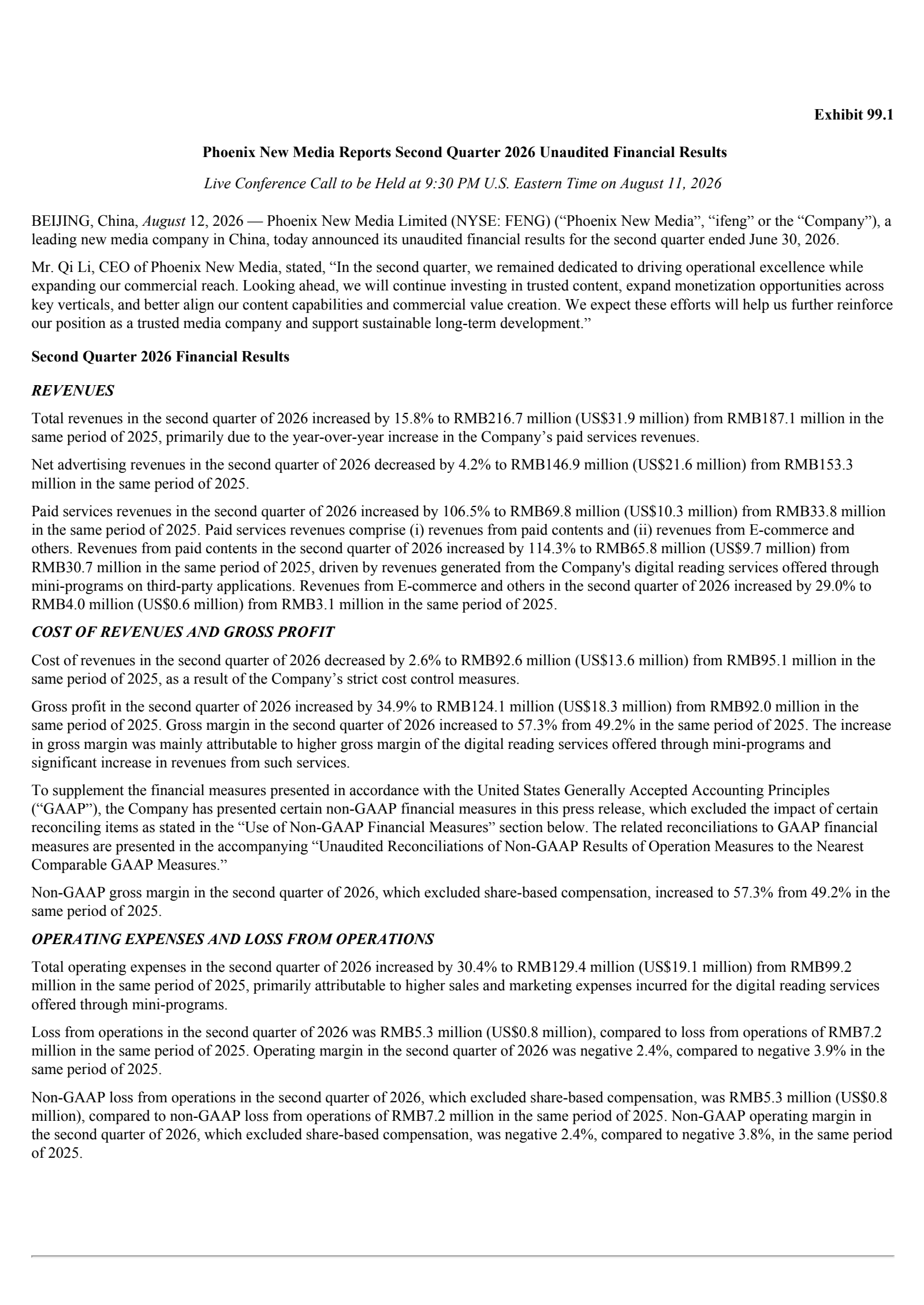Phoenix New Media's Q2 2026 Press Release