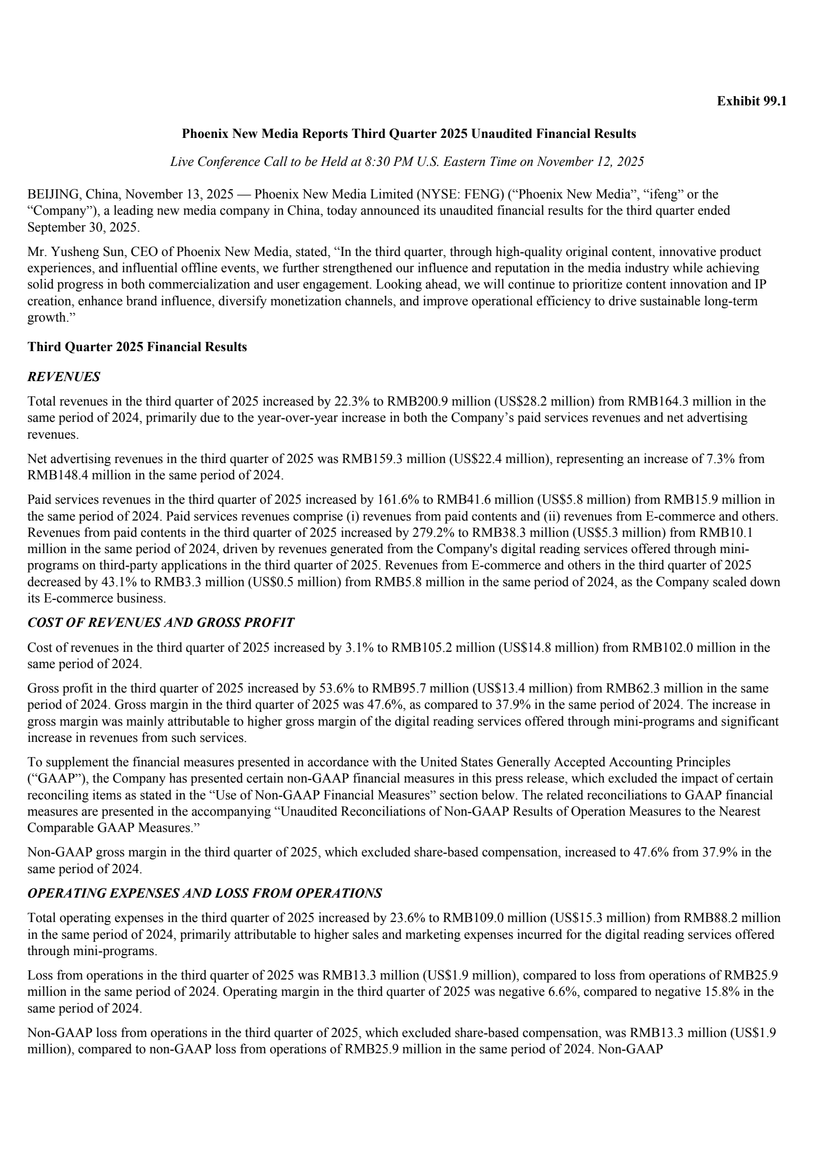 Phoenix New Media's Q3 2025 Earnings Release