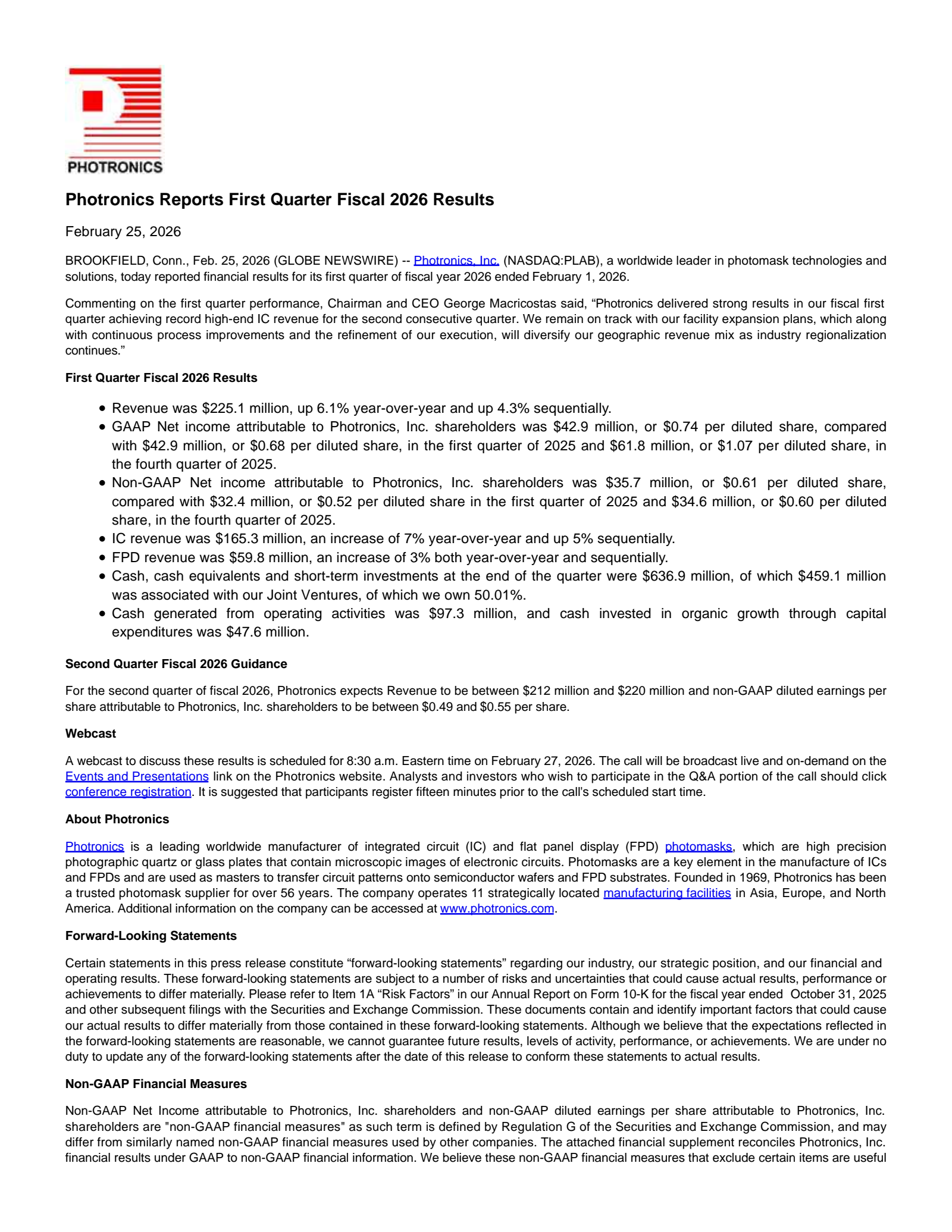 PLAB Q1 2026 Earnings Report on 2/25/2026
