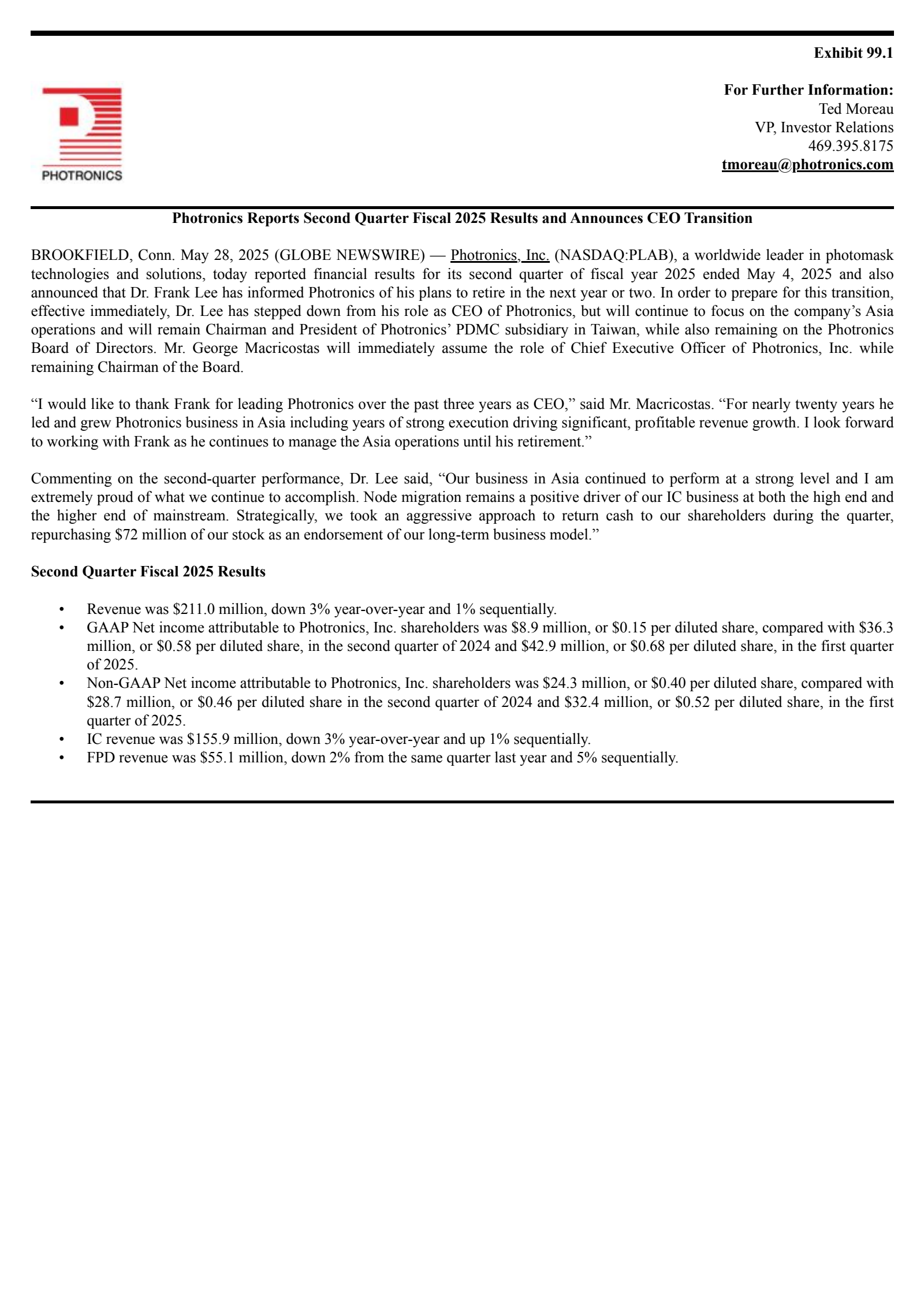 Photronics' Q2 2025 Press Release