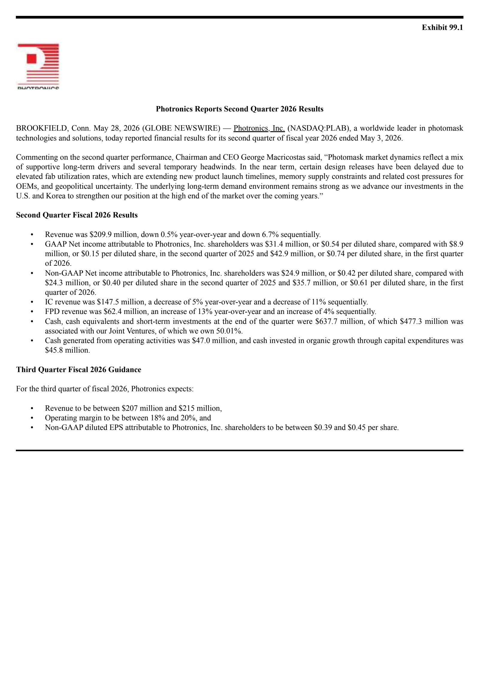 Photronics' Q2 2026 Press Release