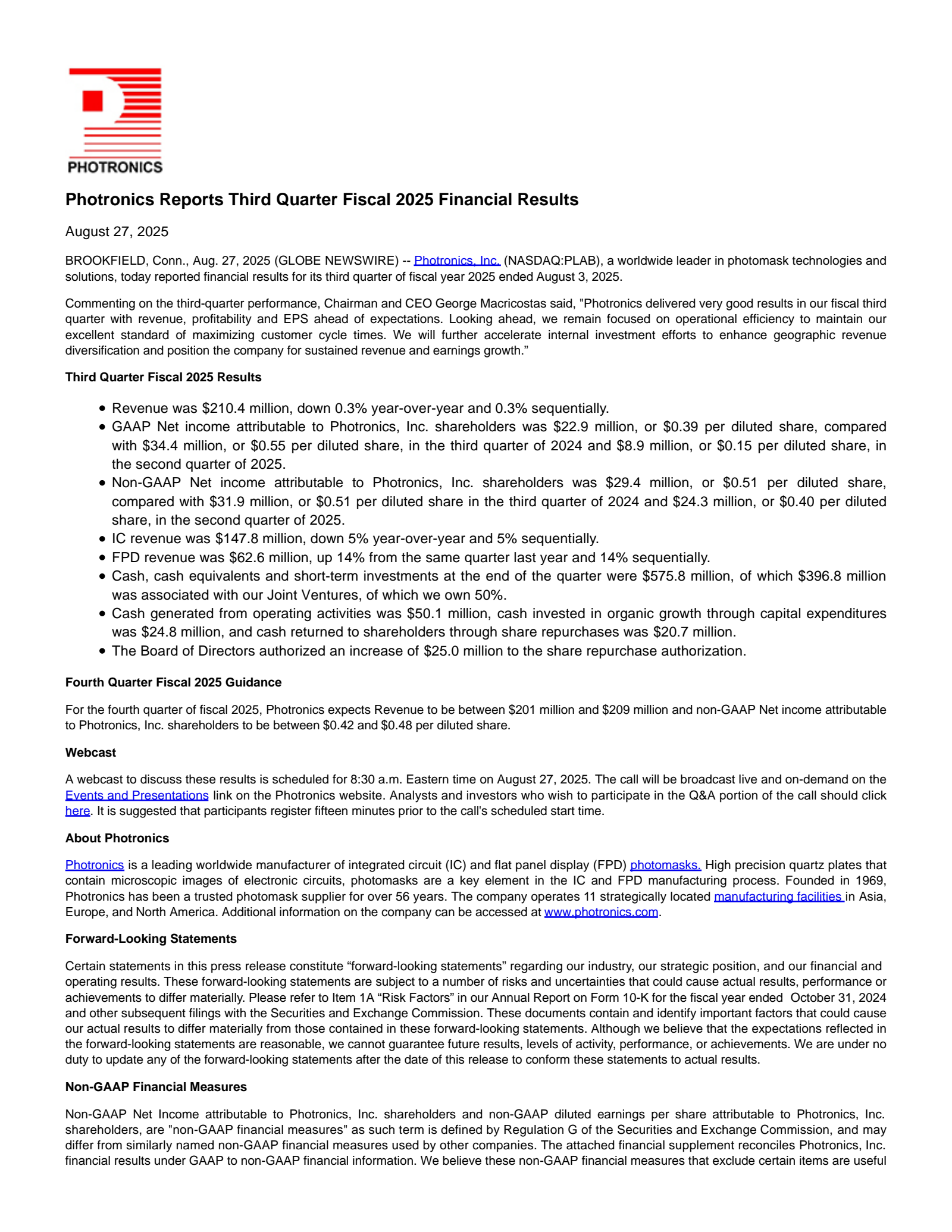 PLAB Q3 2025 Earnings Report on 8/27/2025