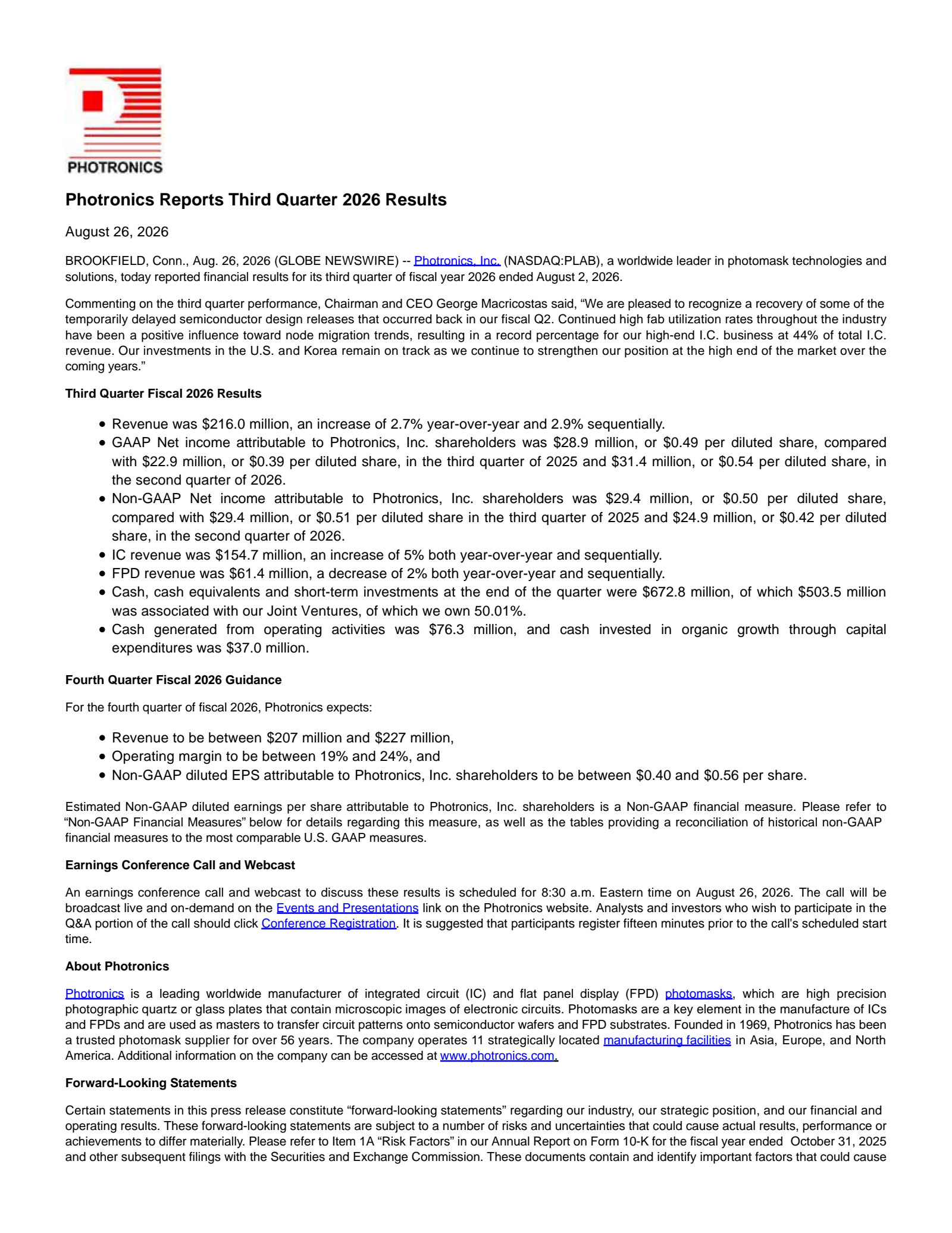 Photronics' Q3 2026 Press Release