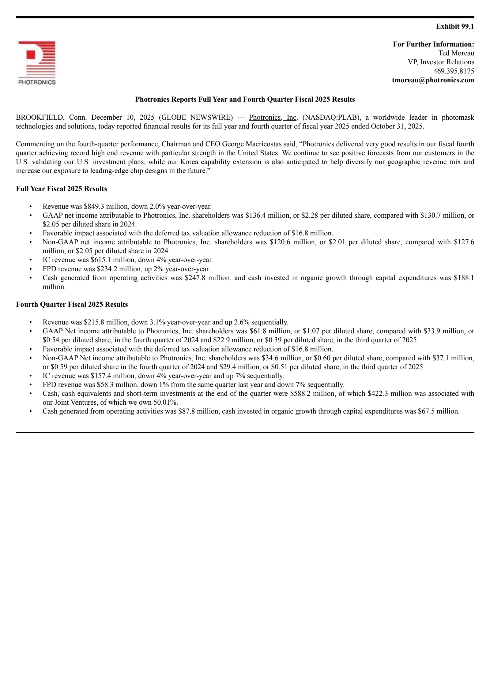 PLAB Q4 2025 Earnings Report on 12/10/2025
