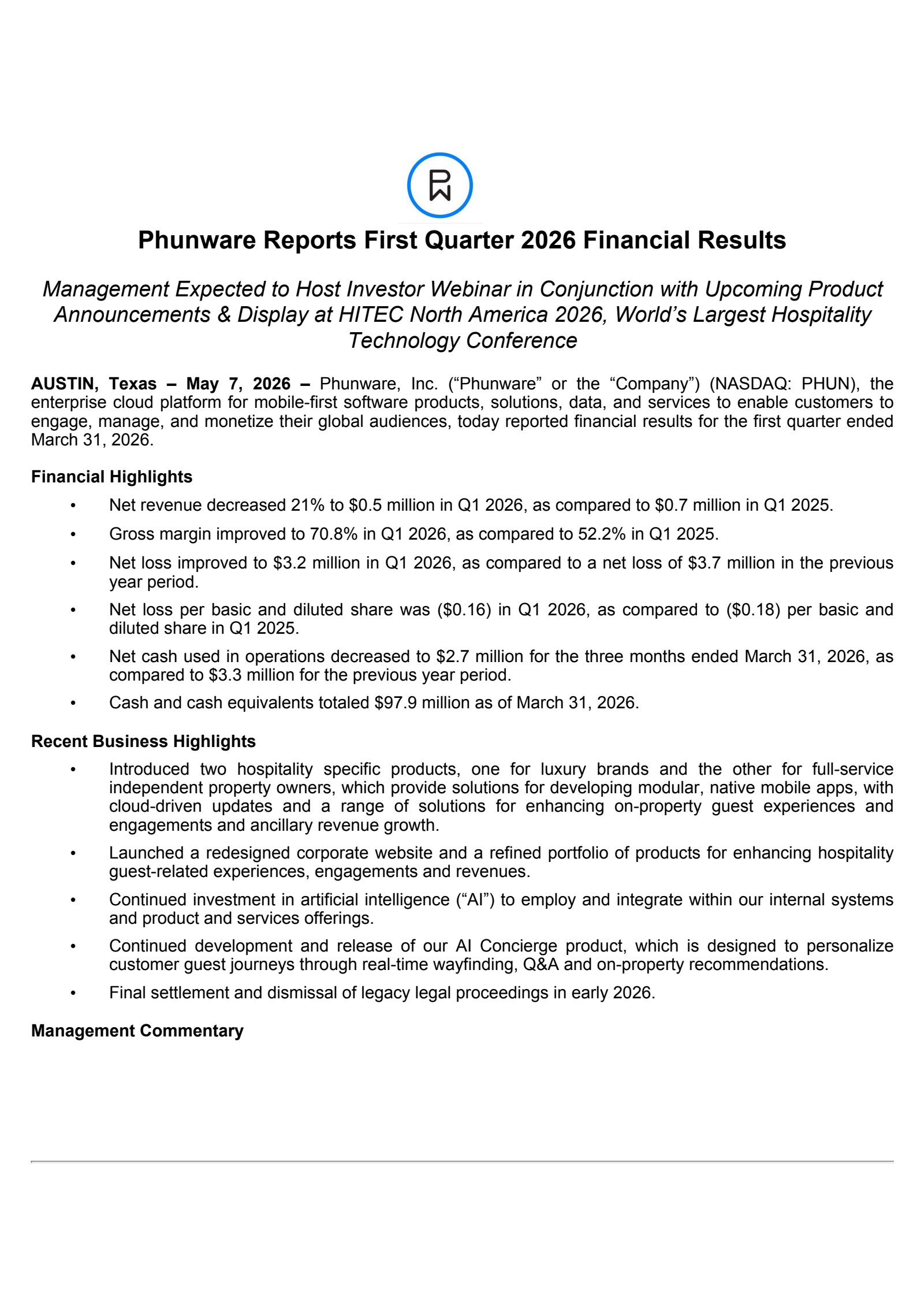 Phunware's Q1 2026 Press Release