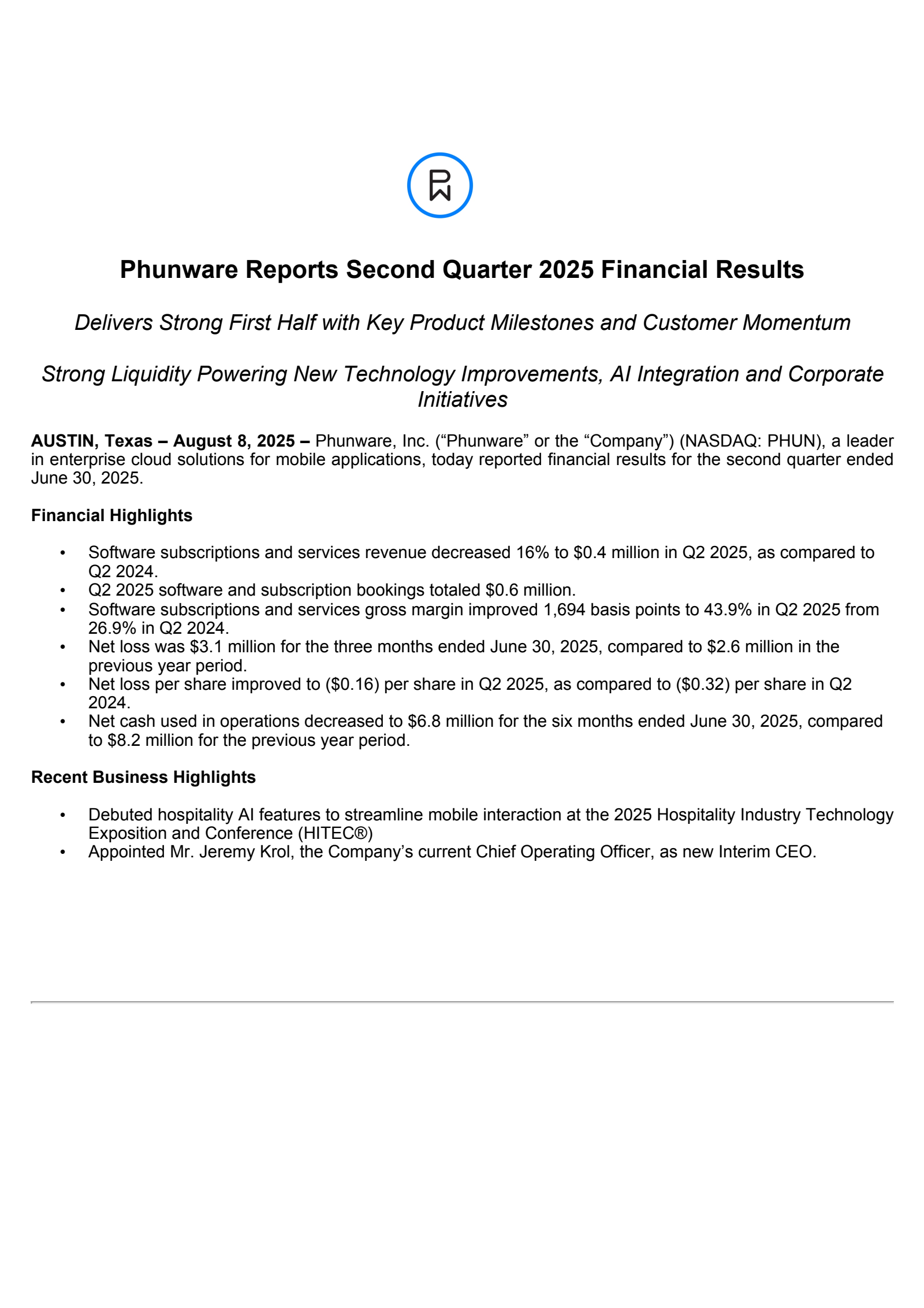 Phunware's Q2 2025 Press Release