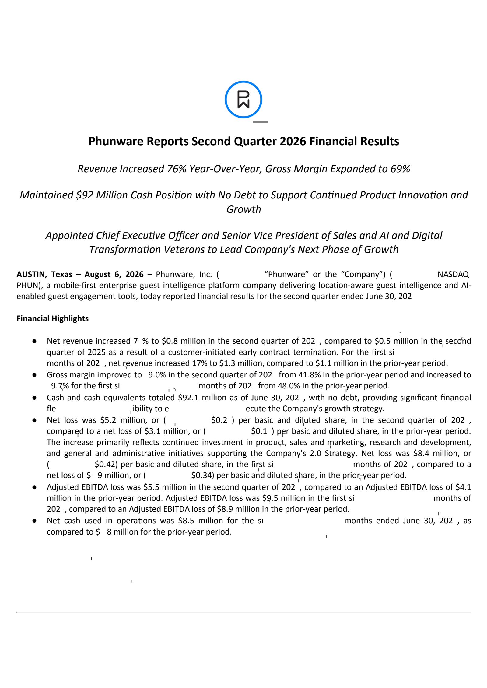 Phunware's Q2 2026 Press Release