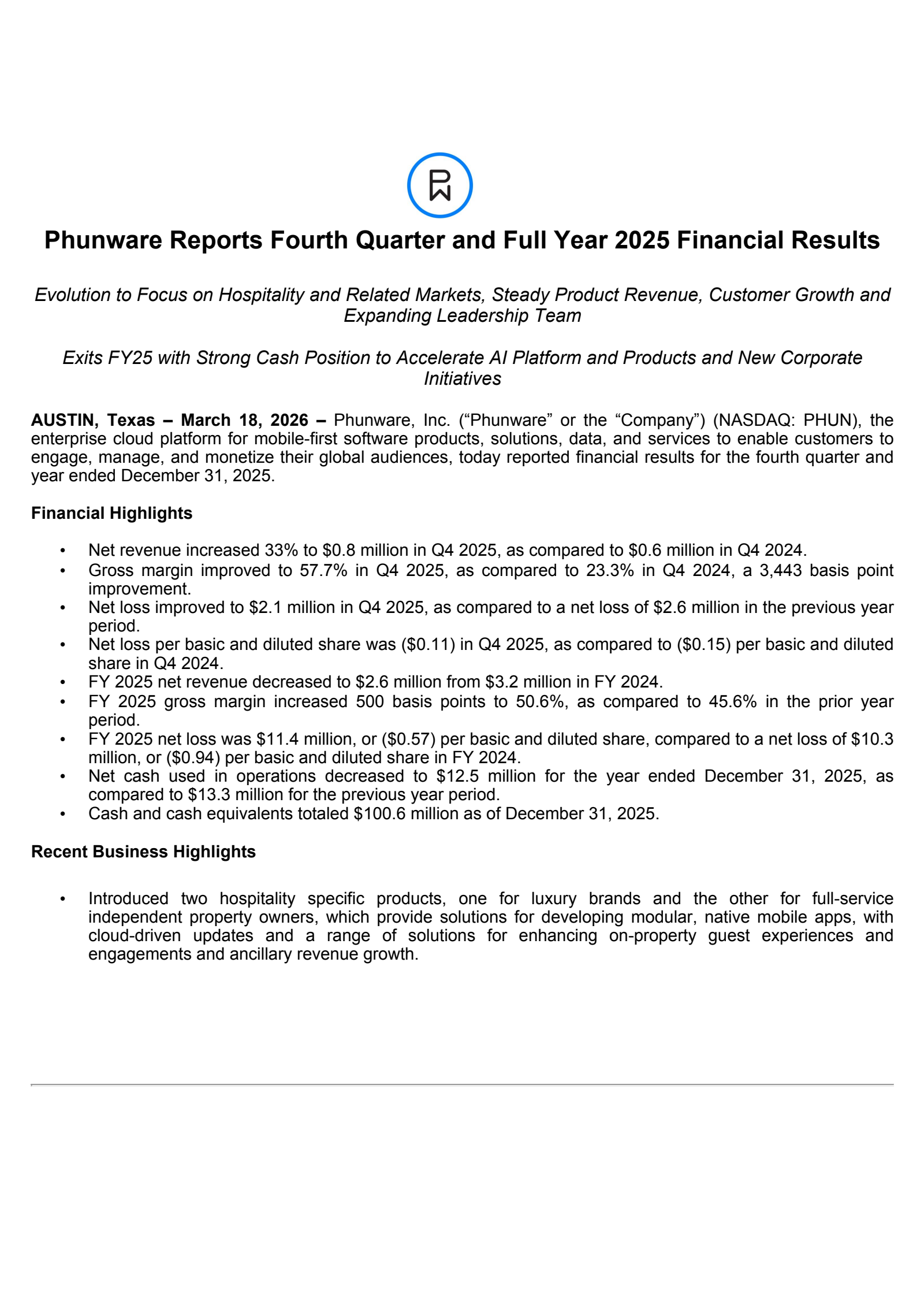 Phunware's Q4 2025 Press Release