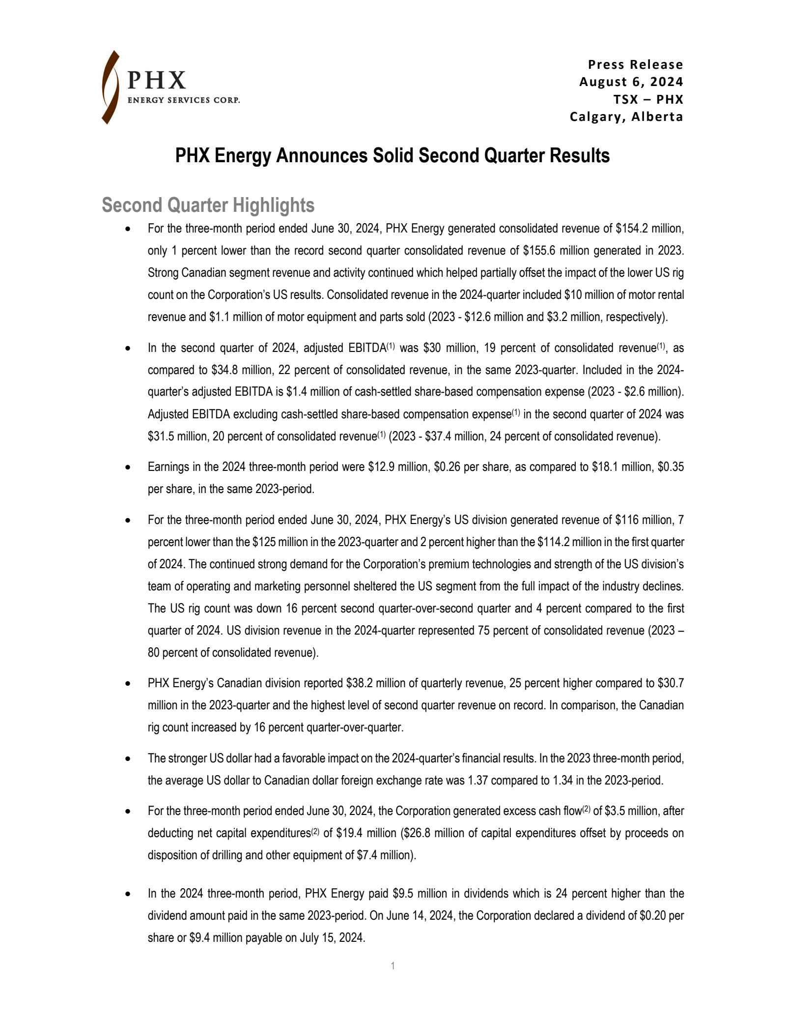 PHX Energy Services' Q2 2024 Press Release