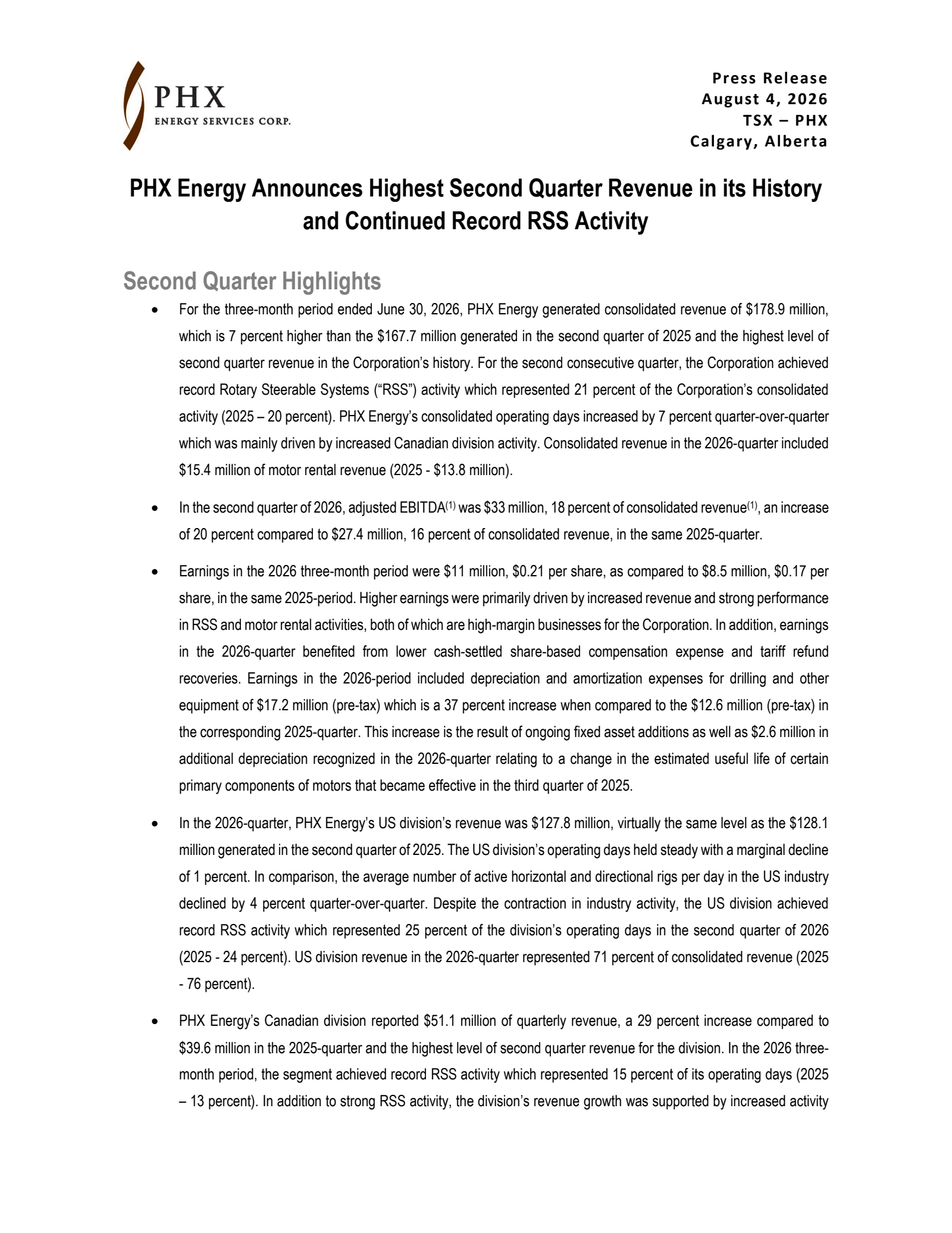 PHX Energy Services' Q2 2026 Press Release