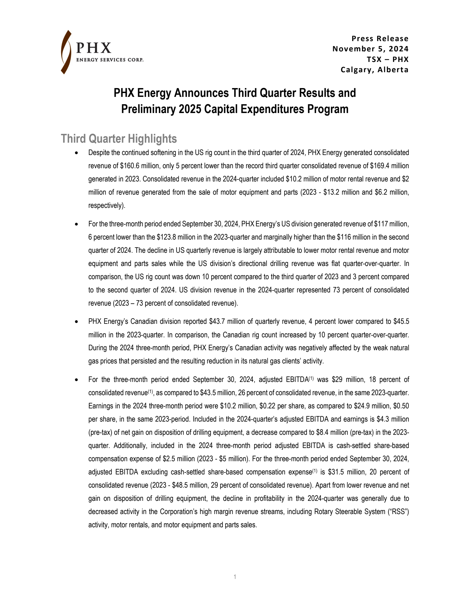 PHX Energy Services' Q3 2024 Press Release