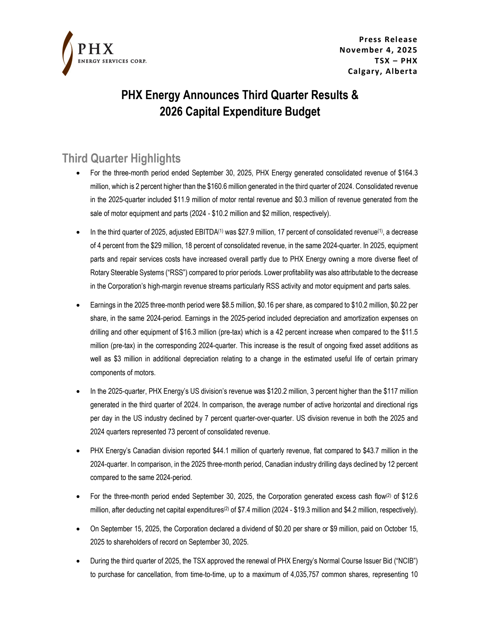 PHX Energy Services' Q3 2025 Press Release