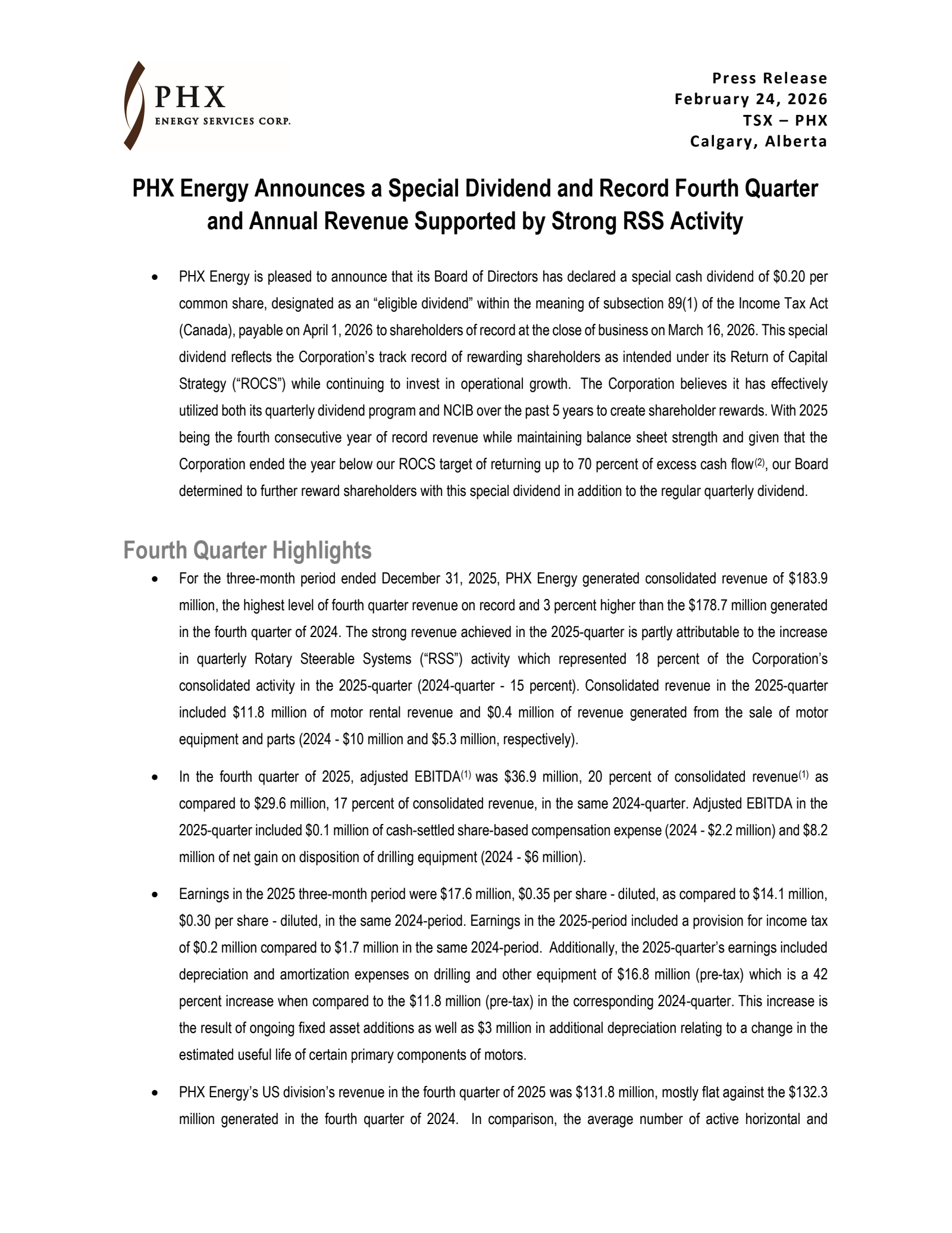 PHX Energy Services' Q4 2025 Press Release