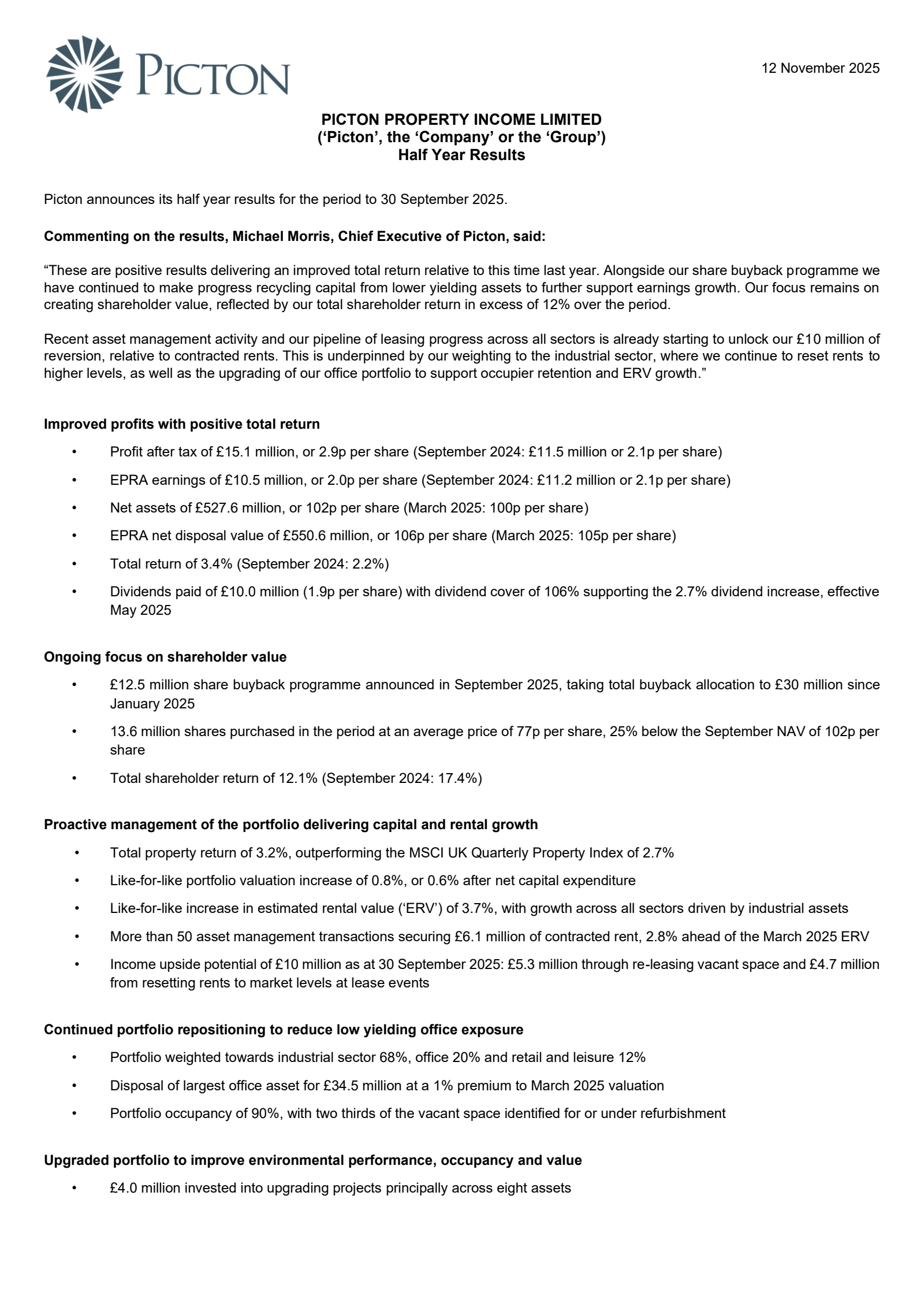 Picton Property Income's H1 2026 Interim Report