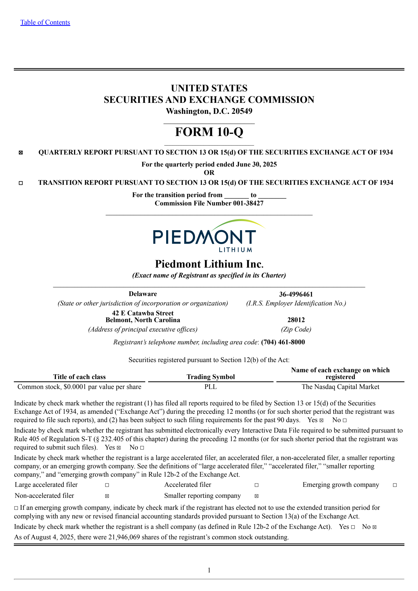 Piedmont Lithium's Q2 2025 Quarterly report