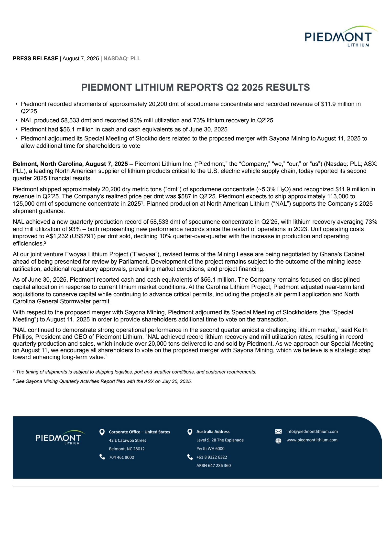 Piedmont Lithium's Q2 2025 Press Release