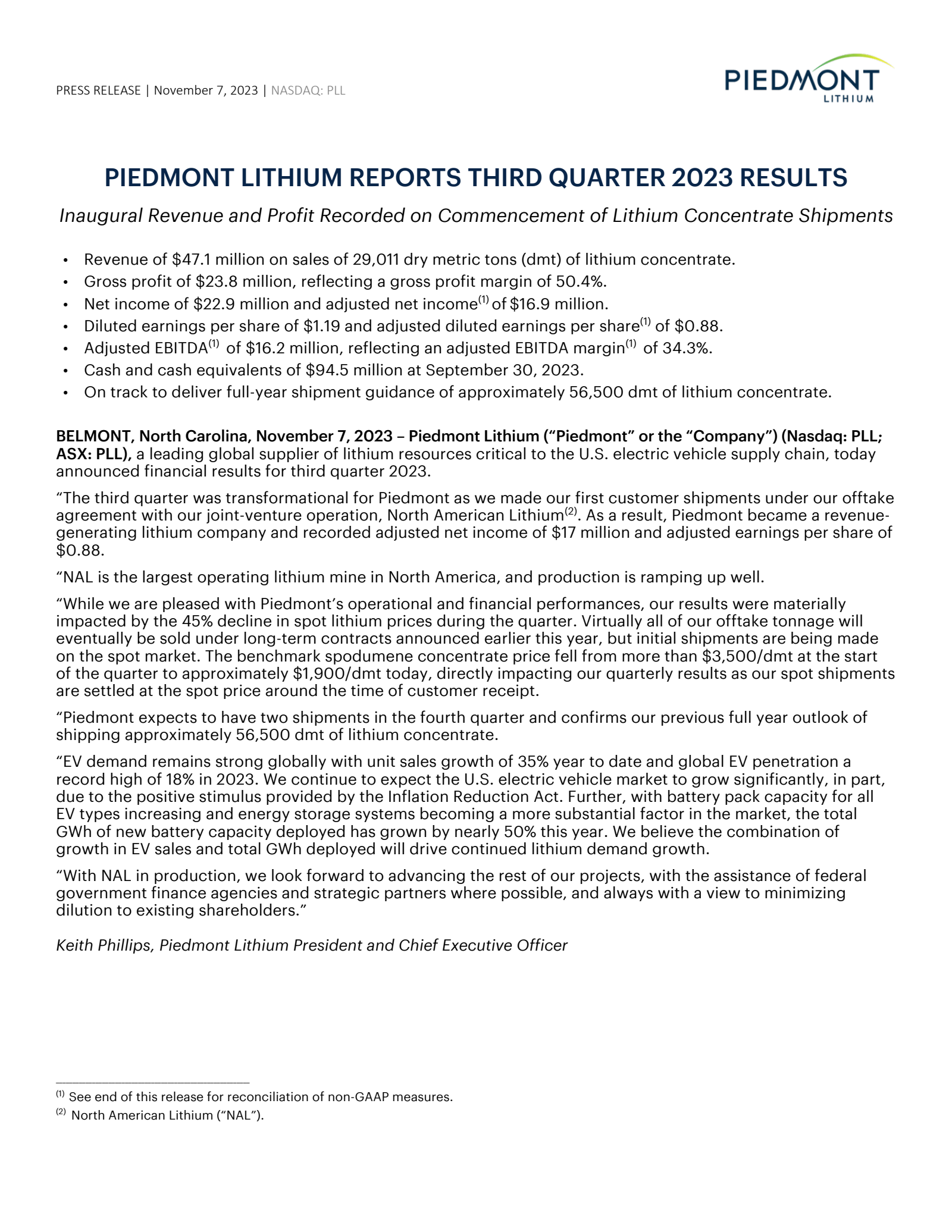 Piedmont Lithium's Q3 2023 Press Release