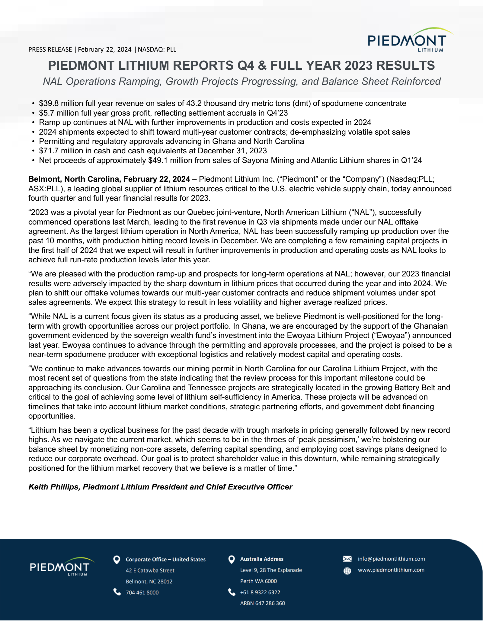 Piedmont Lithium's Q4 2023 Earnings Release
