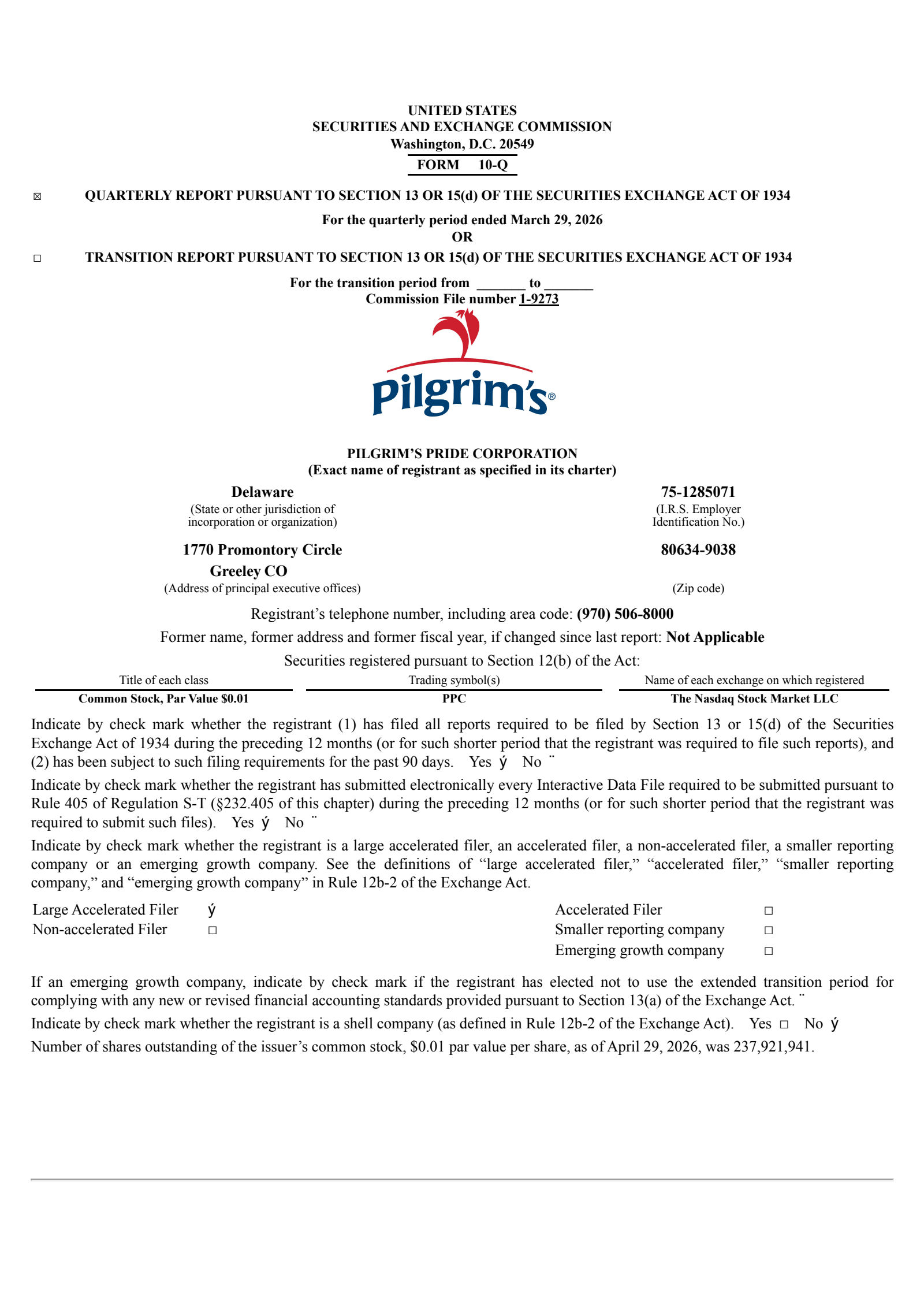 Pilgrim's Pride's Q1 2026 Quarterly report