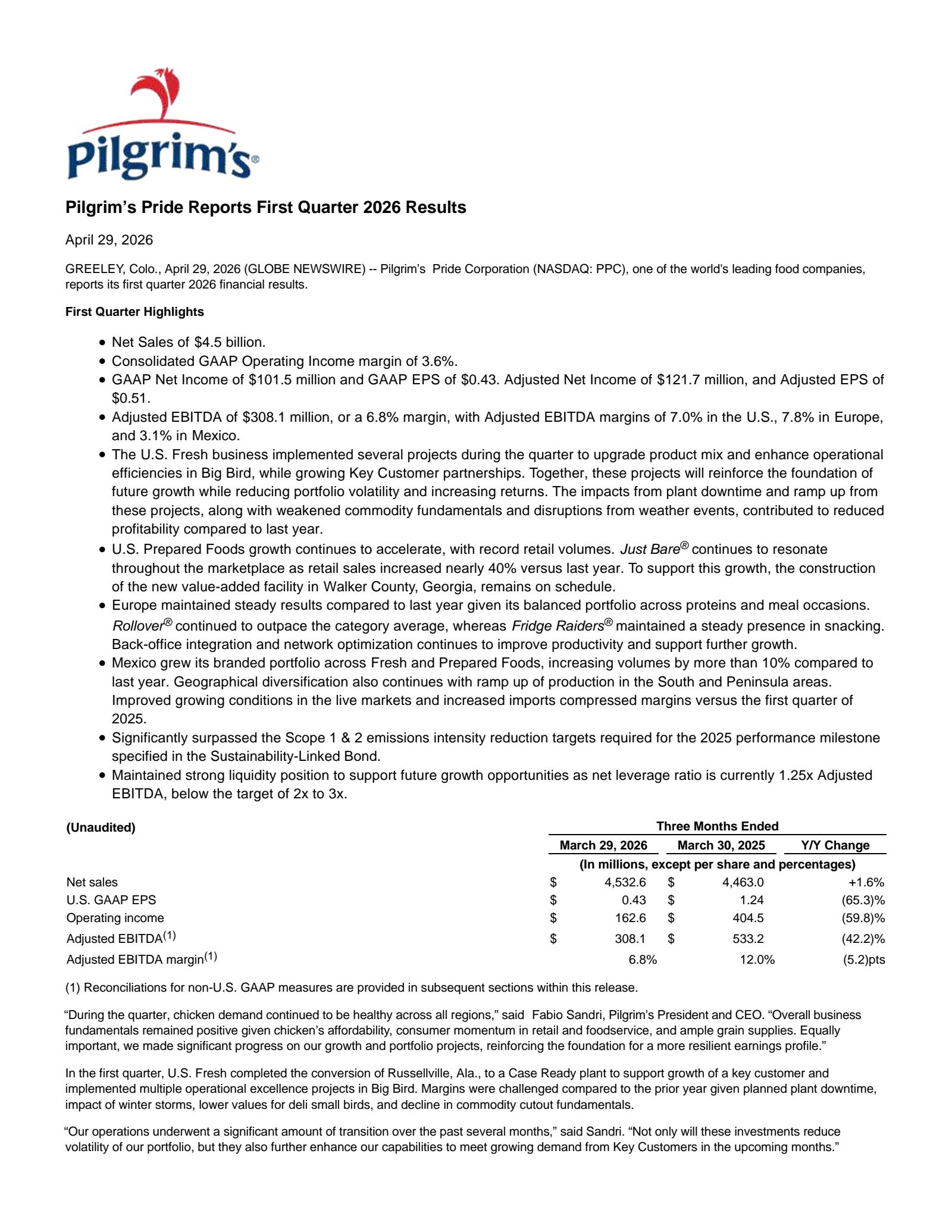 Pilgrim's Pride's Q1 2026 Press Release