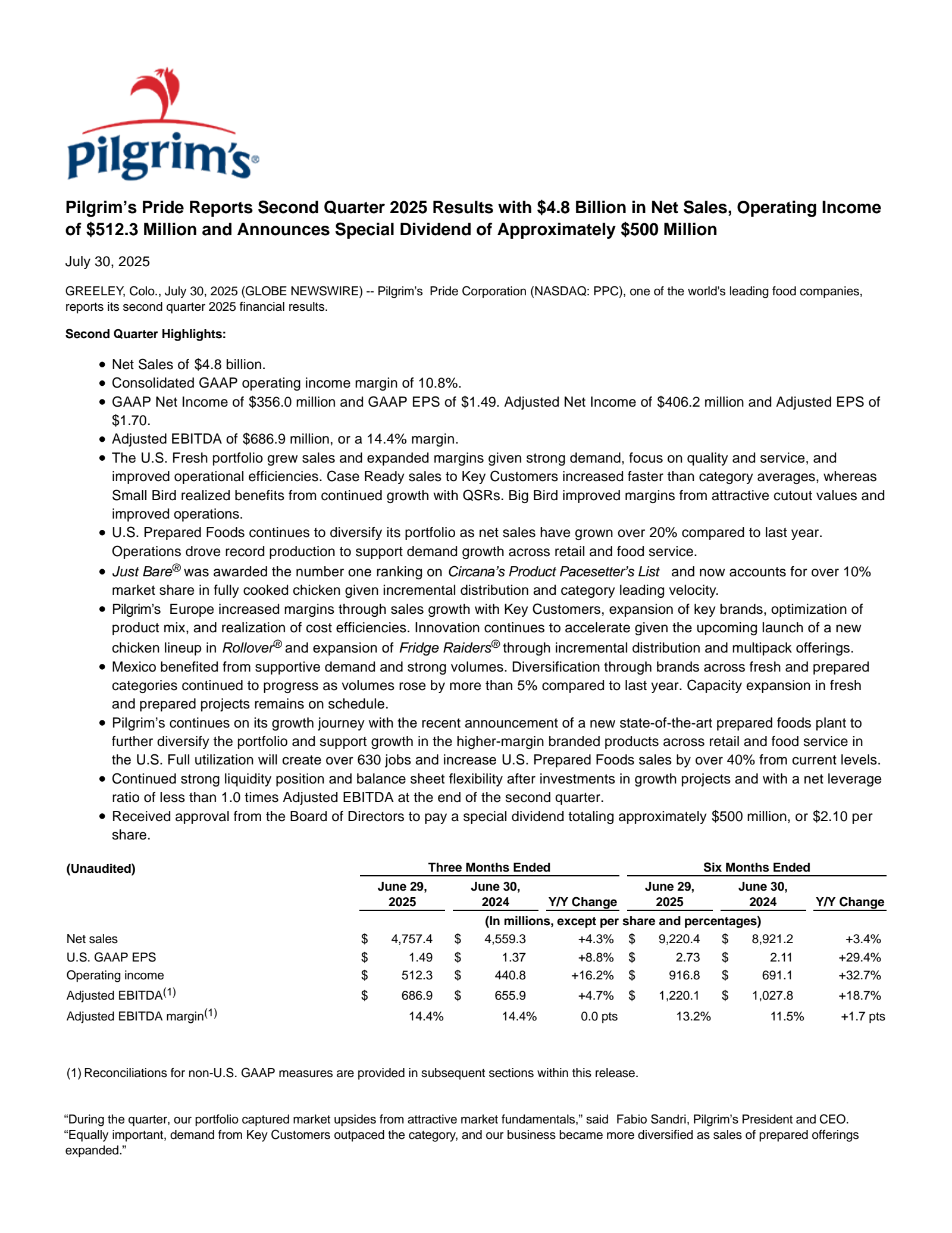 Pilgrim's Pride's Q2 2025 Press Release