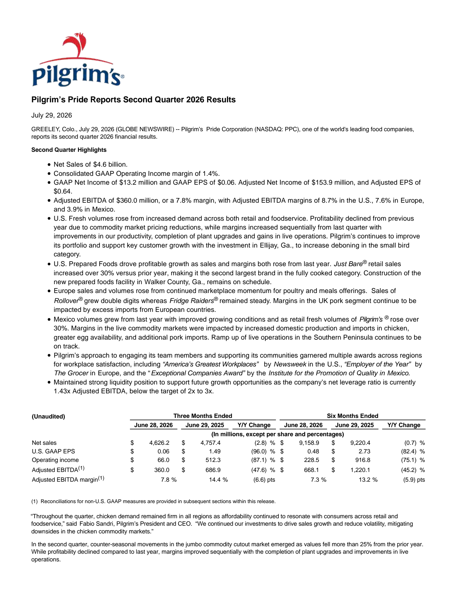 Pilgrim's Pride's Q2 2026 Press Release