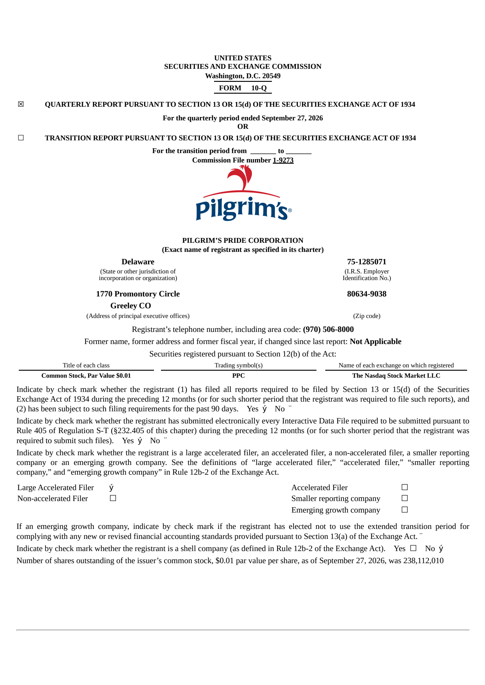 Pilgrim's Pride's Q3 2026 Quarterly report