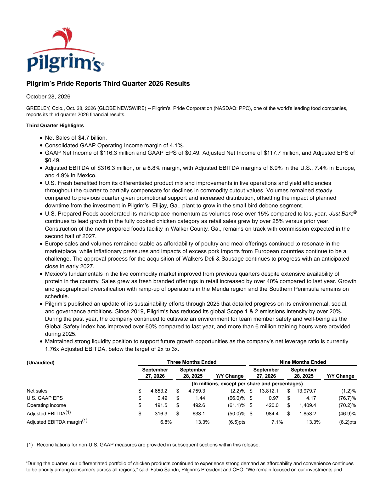 Pilgrim's Pride's Q3 2026 Press Release