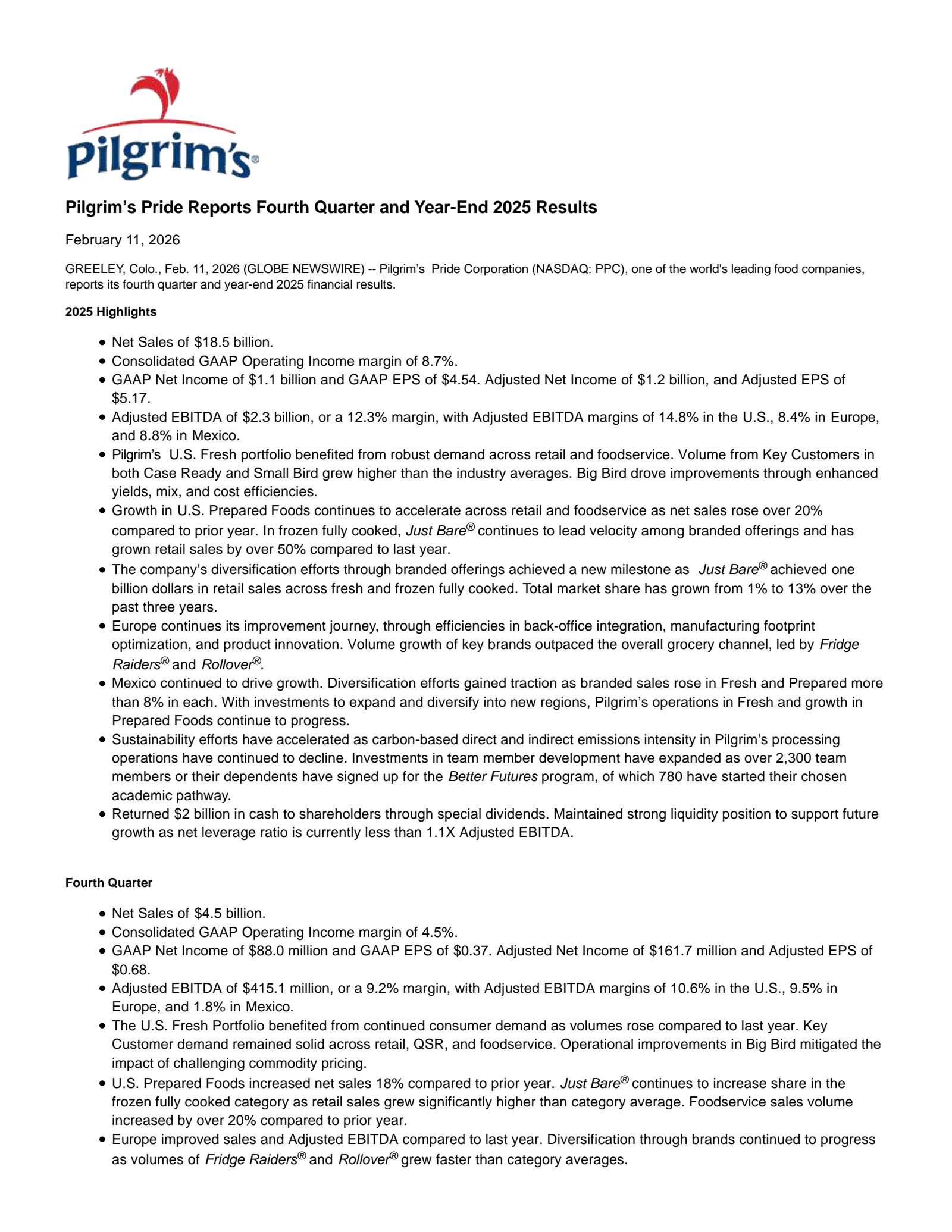 Pilgrim's Pride's Q4 2025 Press Release