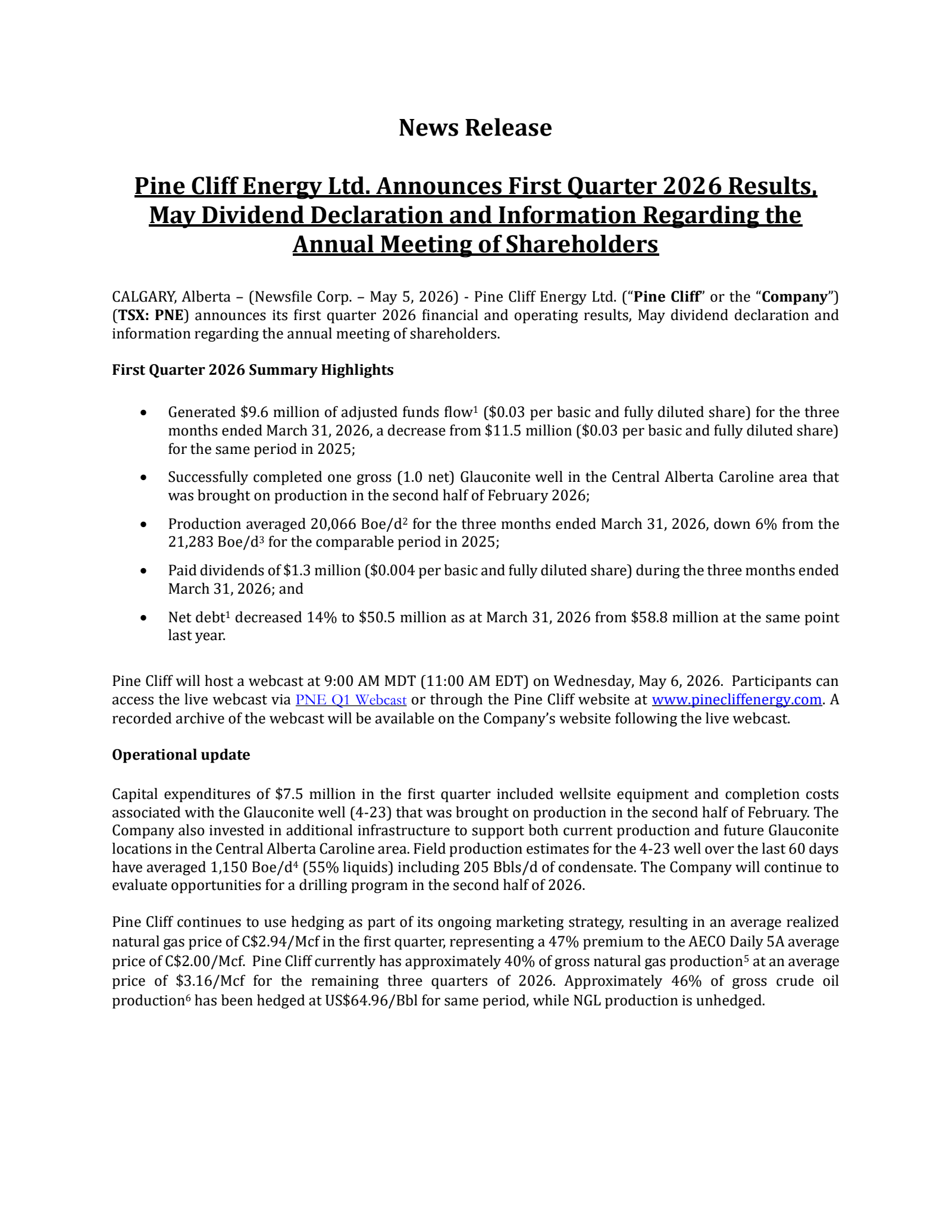 Pine Cliff Energy's Q1 2026 Press Release