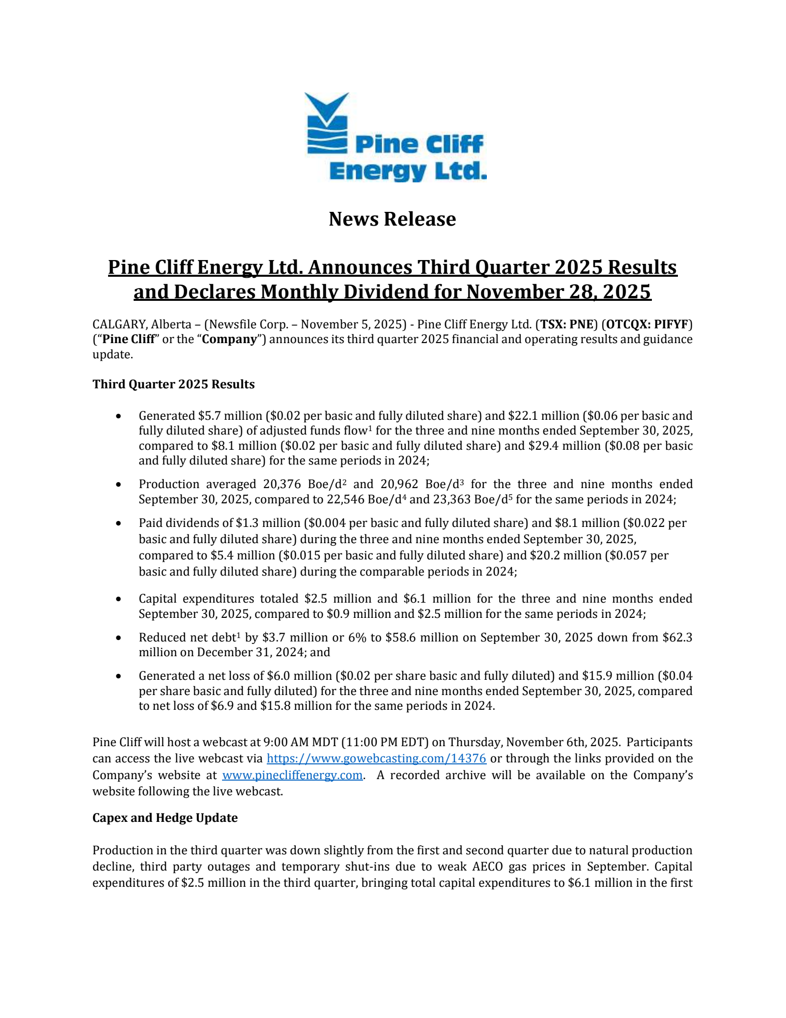 Pine Cliff Energy's Q3 2025 Earnings Release