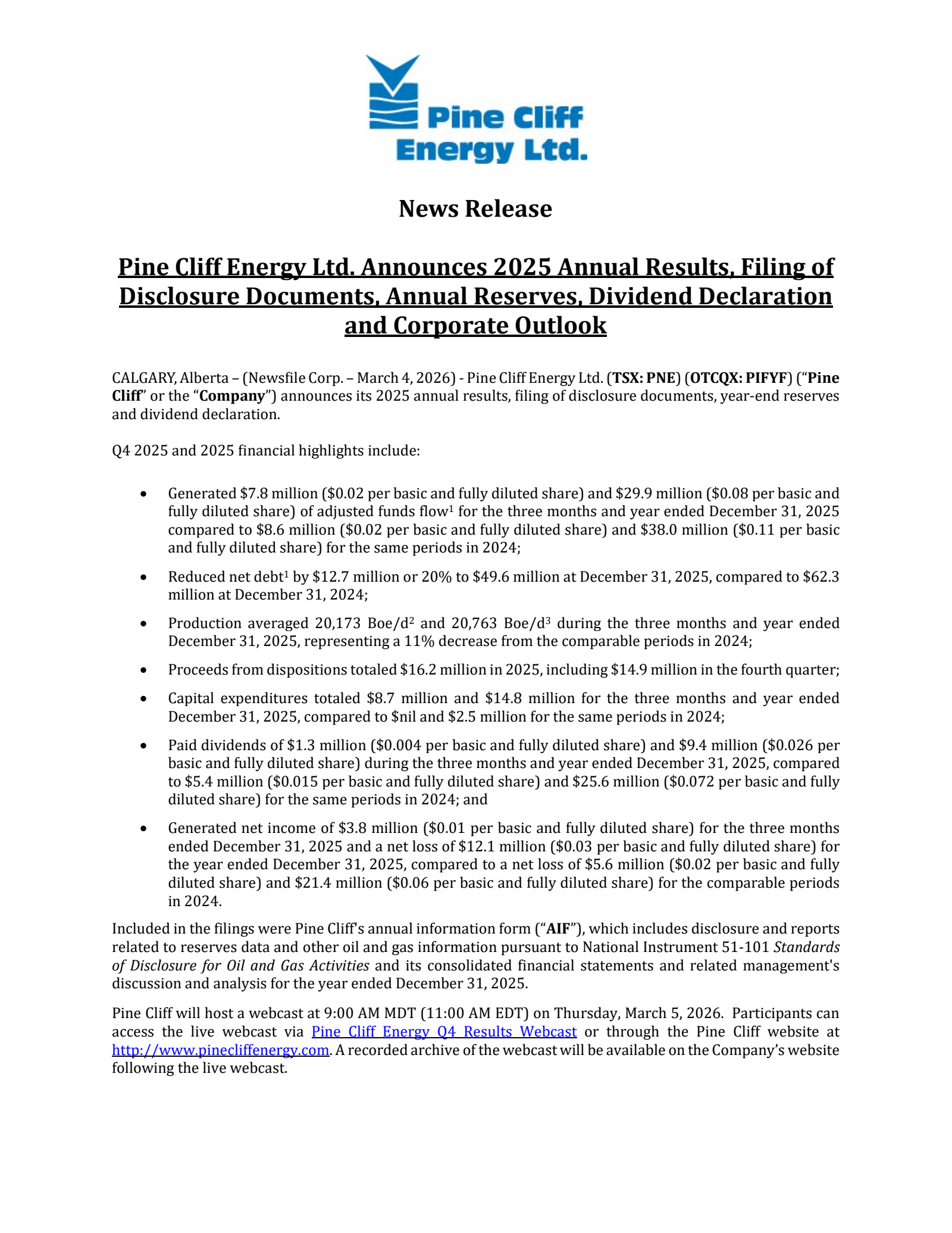 Pine Cliff Energy's Q4 2025 Press Release